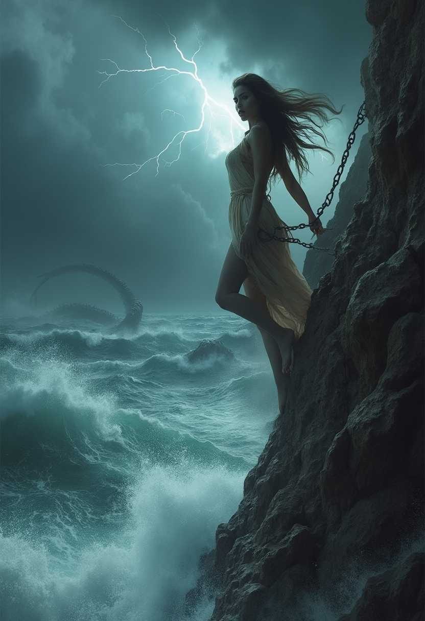 Andromeda from Greek mythology, chained to a rugged, jagged rocky cliff by the tumultuous ocean, darkness and terror in her eyes. She has long, flowing hair that dances wildly in the fierce wind, cascading down her shoulders and back, contrasted against the stormy backdrop. She wears a simple, ancient Greek-style dress that clings to her form, the fabric wet and tattered from the violent sea spray. The sky above is dark, filled with heavy storm clouds rolling in like an omen, illuminated occasionally by fierce lightning flashes, casting an eerie, intermittent glow across the scene.

Directly below her, the ocean is wild and tempestuous, with enormous, frothy waves crashing powerfully against the cliffside, sending up sheets of foamy water. In the distance, through the mist and tumult, the ominous silhouette of the monstrous Kraken begins to emerge from the churning sea, its menacing, sprawling tentacles suggesting massive size and destructive power.

The composition frames Andromeda off-center to the left, the rocky cliff taking up a substantial portion of the midground and foreground. The camera angle is slightly elevated, looking down at a diagonal, emphasizing her vulnerability against the immensity of the ocean and the brewing storm. The atmosphere is tense and fore