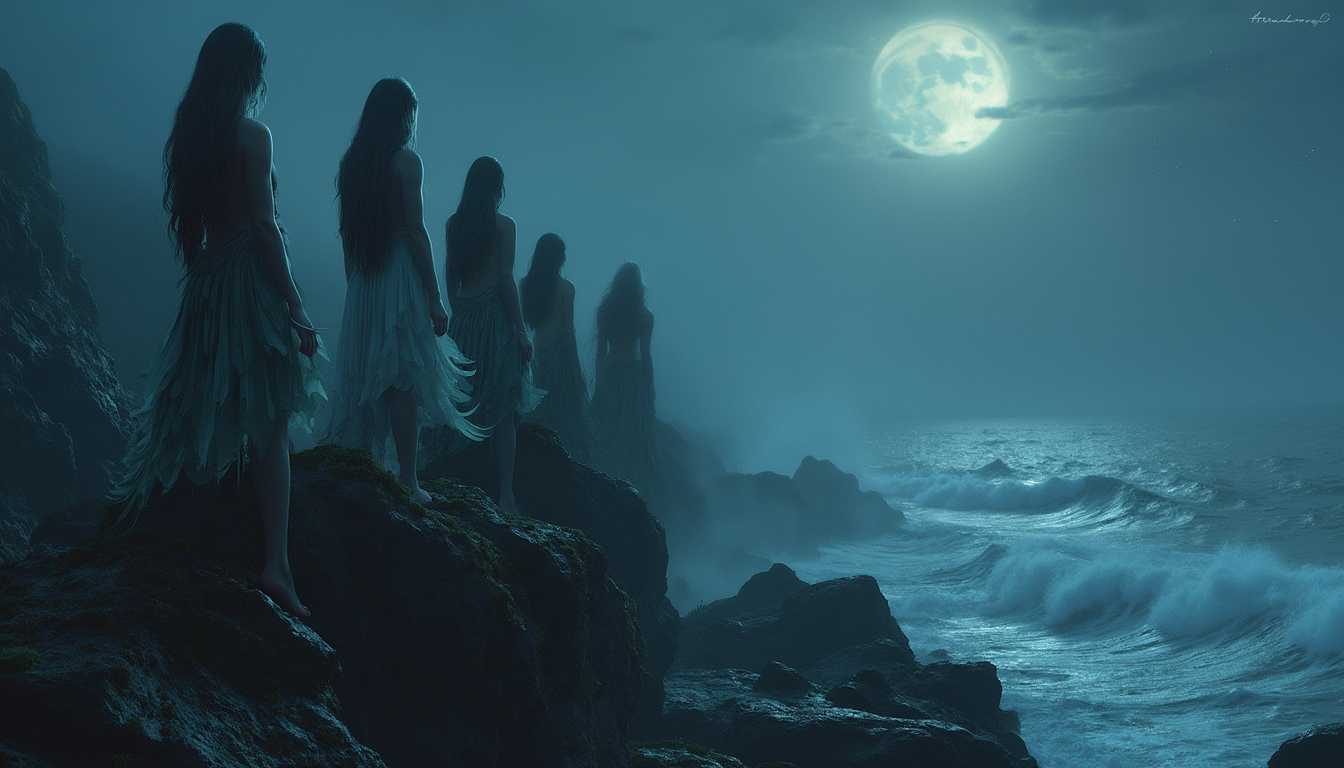 A mesmerizing scene featuring the Sirens - ethereal, hauntingly beautiful creatures with the upper bodies of enchanting women and the lower bodies of sleek, dark-feathered birds - perching elegantly on jagged, moss-covered rocks. The Sirens are adorned in flowing, translucent garments that shimmer in the dim, mystical light. Their hair is long, cascading in waves, blending seamlessly with the dark plumage of their lower bodies. The background is a misty, twilight seascape, with waves crashing gently against the rocks, creating an eerie, tranquil atmosphere. The lighting is soft and diffused, casting an enchanting glow over the scene, accentuating the Sirens' otherworldly beauty. The sky is painted in shades of deep blue and purple, with faint stars beginning to twinkle, and a full moon casting a silver sheen over the water. The overall mood is both captivating and ominous, evoking a sense of ancient magic and the allure of the unknown. Photographed in a high-resolution, hyper-realistic style, capturing every intricate detail of the Sirens' features and the rugged texture of the rocks.