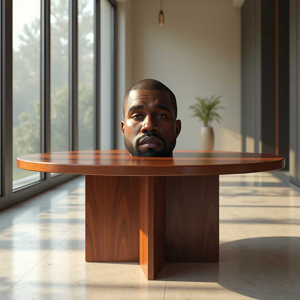Create an anthropomorphic table with a distinctive blend of surrealism and humor. The table should have the unmistakable face of Kanye West, seamlessly integrated into the design. The wood grain of the table should meld with the texture of Kanye's skin, creating a natural yet uncanny appearance. The table’s body is rich mahogany, polished to a high gloss, reflecting ambient light subtly.

**Art Style**: Hyper-realistic digital painting 
**Composition**: The table stands centrally, in a modern, minimalist room with clean lines and contemporary decor. The camera angle is slightly low, giving a sense of stature to the table. 
**Lighting**: Soft, diffused daylight streaming through large windows, casting gentle, natural shadows and highlights. 
**Mood and Atmosphere**: The ambiance is serene yet slightly bizarre, with an underlying sense of whimsy and surrealism.
**Technical Aspects**: Utilize detailed texturing for the wood and facial features, and ensure the lighting enhances the realism of both the table and Kanye's face.

By combining these elements, the image should evoke a refined sense of juxtaposition between the everyday object and the celebrity's visage, creating a unique and memorable piece.