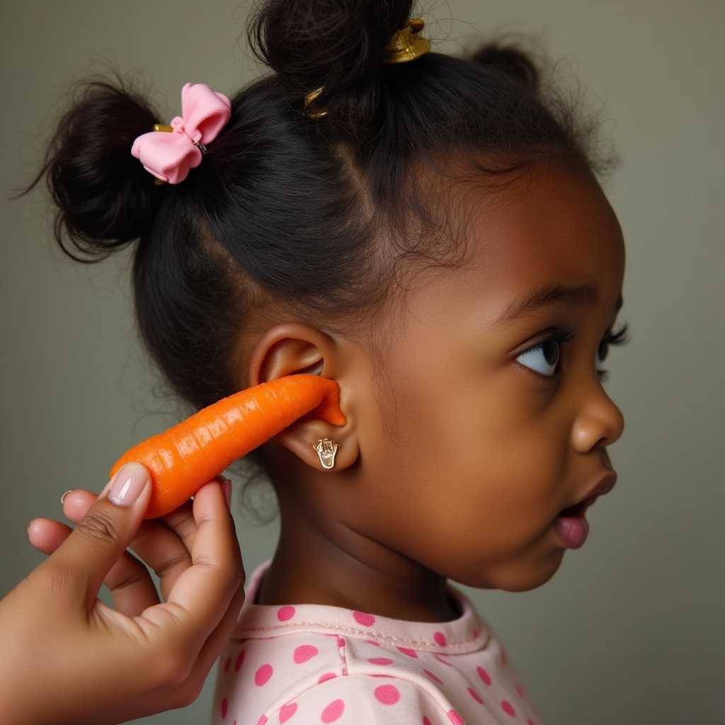 Adorable Toddler with Carrot Playfully Placed in Ear, Captured in a Heartwarming Moment