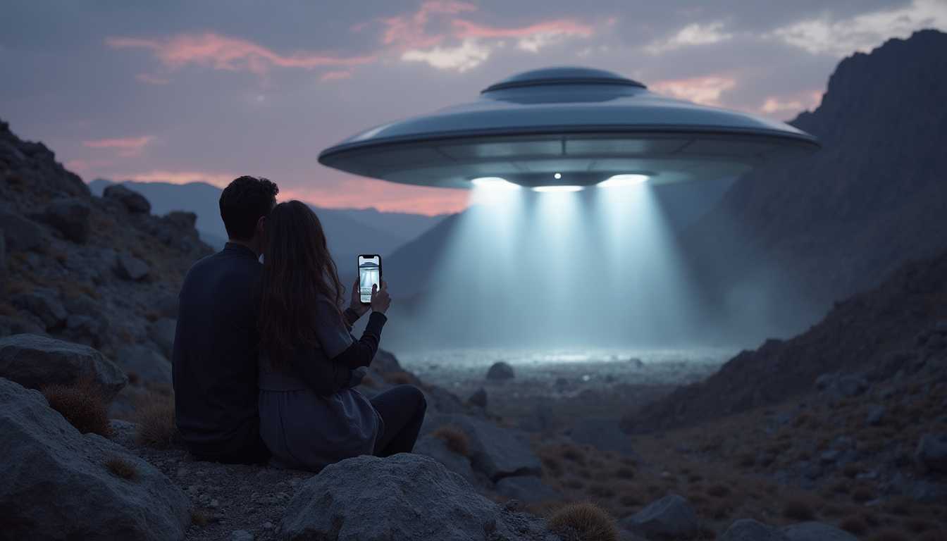 A couple is sitting on rugged, ancient rocks in a remote, rocky valley, their bodies tightly embracing each other. The terrain is harsh, with jagged rocks and sparse vegetation stretching out into the distance. In the background, a sleek, metallic flying saucer is descending, casting a surreal light over the scene. Beams of bright, ethereal light emanate from the bottom of the ship, illuminating the surrounding rocks in a cold, otherworldly glow. The couple's faces are frozen in terror, wide eyes staring at the astonishing sight, and the woman is desperately trying to capture the moment with her smartphone, her hand trembling. The lighting is dramatic, with a stark contrast between the harsh beams from the saucer and the dim, natural light of the twilight sky. The atmosphere is tense and filled with an eerie sense of the unknown, with the sky above painted in dusky hues of purple and blue, hinting at the onset of night. The composition captures the raw emotion and the surreal encounter in a balanced, visually striking manner, with the couple and the flying saucer perfectly positioned to draw the viewer's eye through the entire scene.
