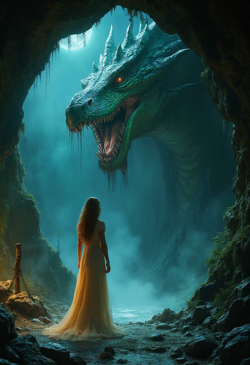 A fairytale princess, dressed in a delicate, translucent nightgown made of gossamer and adorned with fine lace, stands chained to a rugged wooden post just outside the entrance of an ancient, moss-covered cave. Her radiant, golden hair cascades down her back, and her eyes glimmer with both fear and defiance. Emerging from the shadowy depths of the cave, a massive dragon's head looms into view, its scales shimmering with emerald and obsidian hues. The dragon's maw is open wide, revealing sharp, gleaming fangs from which viscous strands of saliva hang, catching the faint moonlight. The scene is bathed in eerie, bluish moonlight, casting long shadows and highlighting the damp, rocky texture of the cave entrance. In the background, a dense, enchanted forest drenched in the silvery mist of night frames the image. The atmosphere is tense and mystical, with an otherworldly glow permeating the air, suggesting an impending clash between beauty and beast. The composition captures the princess in the foreground, slightly to the left, with the dragon's imposing head on the right, creating a striking juxtaposition. The angle is slightly low, enhancing the dragon's menacing presence and the princess's fragile yet resolute stance