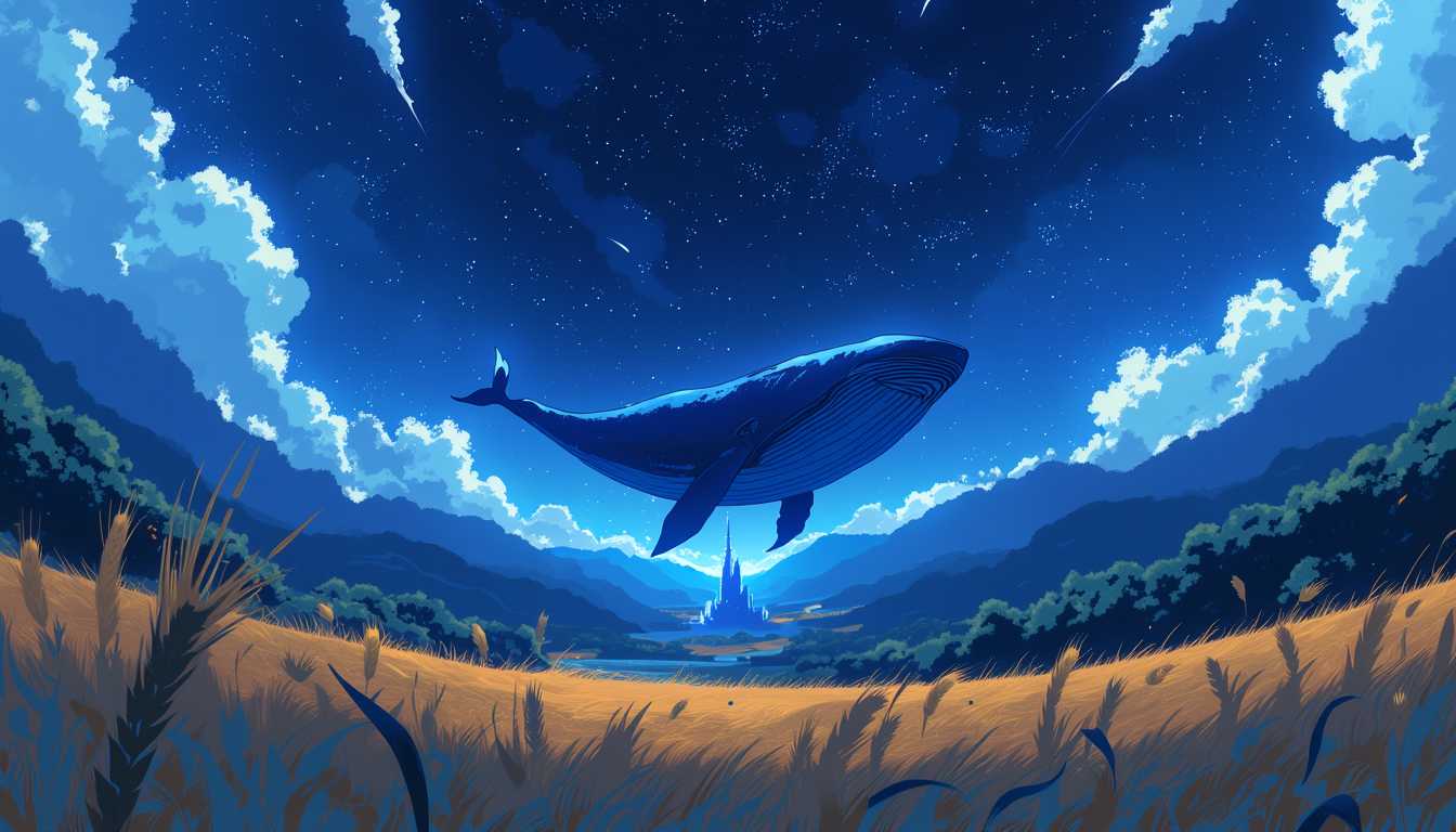 anime style, Blue whale swimming majestically through a sea of clouds, under a starry night sky illuminated by shooting stars. The whale’s smooth, iridescent blue surface contrasts with the soft, fluffy textures of the clouds. In the foreground, a golden wheat field softly sways in the night breeze, casting gentle shadows under the starlit sky. On the horizon stands a luminescent white castle, glowing ethereally amidst the rolling hills and distant mountains. A lush, dark green forest sprawls at the base of the mountains, adding depth and mystery to the scene. The entire composition is framed from a low-angle perspective, capturing the vastness of the night sky and the grandeur of the scene. Styled as a digital painting with vivid, detailed textures and a whimsical, dreamlike atmosphere, evoking a sense of wonder and fantasy. The use of chiaroscuro highlights the contrast between the illuminated elements and the deep, rich blues and greens of the nighttime landscape.