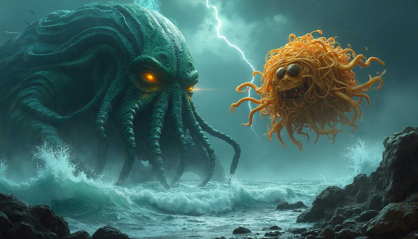 Title: "Cthulhu versus Flying Spaghetti Monster: Clash of the Titans"

Description: A breathtaking, surreal scene set amidst a stormy night on a rocky shoreline. The ancient and terrifying Cthulhu, with its immense, tentacle-adorned form, rises from the tumultuous sea, its eyes glowing with otherworldly power. Opposing it, the whimsical yet imposing Flying Spaghetti Monster, with its noodly appendages and meatball eyes, hovers mid-air. The sky above is split by flashes of lightning, illuminating the chaotic, swirling dark clouds. Giant waves crash against the rocks, sending plumes of spray into the air. This confrontation is charged with electric energy, filling the atmosphere with an intense, mythical ambiance.

Visual Details:
- **Cthulhu**: Gigantic, sea-green body dripping with water, slick and detailed texture on the tentacles, glowing eyes providing a sinister focal point.
- **Flying Spaghetti Monster**: Golden-brown noodle appendages, richly textured with individual strands visible, meatballs detailed with a lifelike texture, eyes slightly glowing with a sense of awareness.
- **Lighting**: Dramatic, high-contrast lighting with bright flashes of lightning and deep shadows, creating a dynamic,