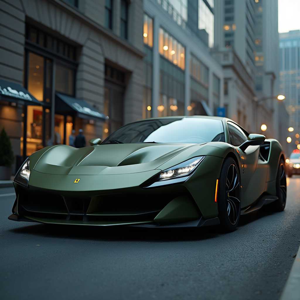 An ultra-modern, olive matte wrapped Ferrari parked in an urban setting. The car's sleek, aerodynamic curves and aggressive lines are highlighted by the matte finish, which gives it a luxurious yet stealthy appearance. The deep olive color contrasts sharply with the cityscape in the background, featuring towering skyscrapers and bustling streets. The photograph captures the Ferrari from a low, three-quarter angle to emphasize its powerful stance and intricate details of its design, such as the sharp headlights, polished rims, and the iconic Ferrari logo. The lighting is soft, with the ambient light of dusk casting long, dramatic shadows, creating a moody and sophisticated atmosphere. The overall feeling of the scene is one of elegance and power, capturing the essence of urban luxury and high-performance automotive design, captured using HDR technique to enhance every detail and texture of the vehicle and the environment.