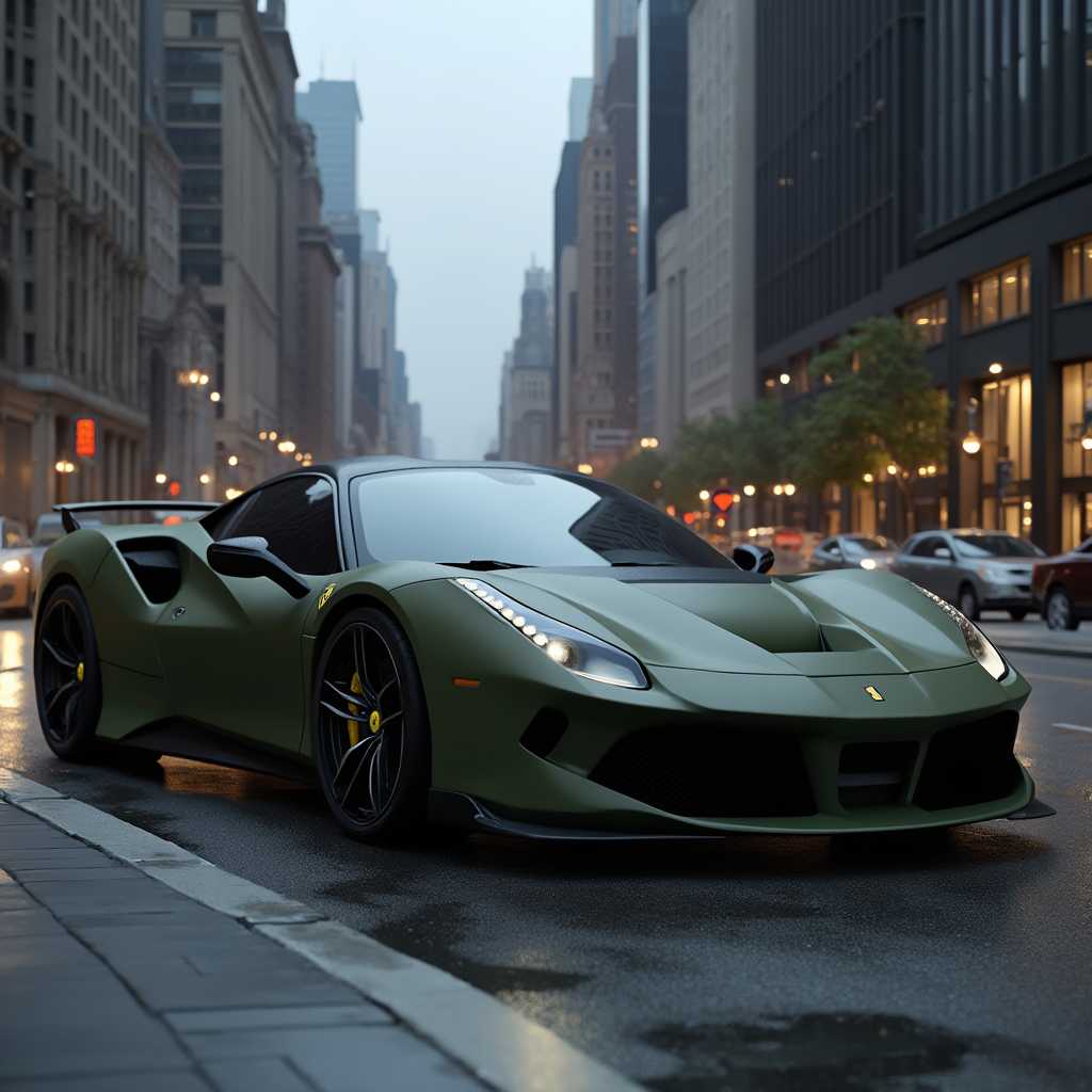 An ultra-modern, olive matte wrapped Ferrari parked in an urban setting. The car's sleek, aerodynamic curves and aggressive lines are highlighted by the matte finish, which gives it a luxurious yet stealthy appearance. The deep olive color contrasts sharply with the cityscape in the background, featuring towering skyscrapers and bustling streets. The photograph captures the Ferrari from a low, three-quarter angle to emphasize its powerful stance and intricate details of its design, such as the sharp headlights, polished rims, and the iconic Ferrari logo. The lighting is soft, with the ambient light of dusk casting long, dramatic shadows, creating a moody and sophisticated atmosphere. The overall feeling of the scene is one of elegance and power, capturing the essence of urban luxury and high-performance automotive design, captured using HDR technique to enhance every detail and texture of the vehicle and the environment.