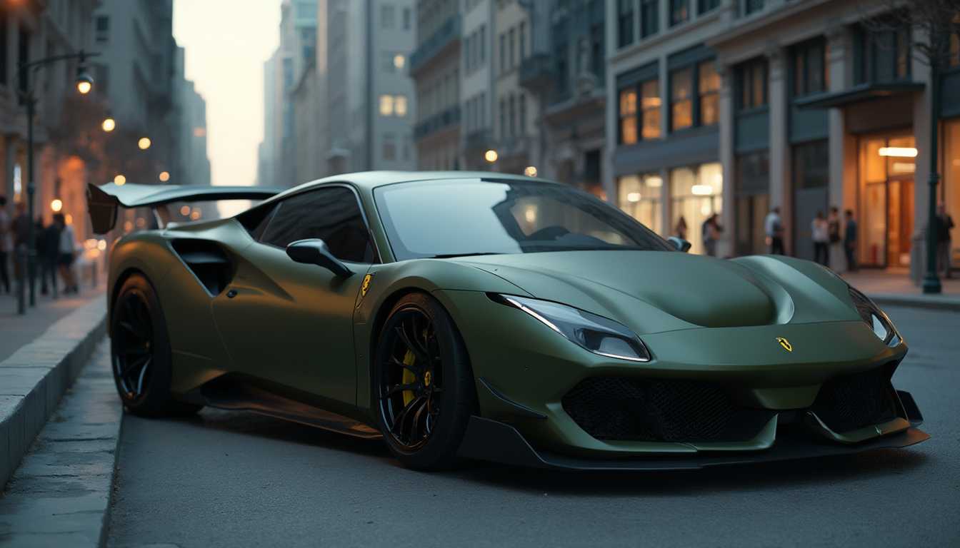 An ultra-modern, olive matte wrapped Ferrari parked in an urban setting. The car's sleek, aerodynamic curves and aggressive lines are highlighted by the matte finish, which gives it a luxurious yet stealthy appearance. The deep olive color contrasts sharply with the cityscape in the background, featuring towering skyscrapers and bustling streets. The photograph captures the Ferrari from a low, three-quarter angle to emphasize its powerful stance and intricate details of its design, such as the sharp headlights, polished rims, and the iconic Ferrari logo. The lighting is soft, with the ambient light of dusk casting long, dramatic shadows, creating a moody and sophisticated atmosphere. The overall feeling of the scene is one of elegance and power, capturing the essence of urban luxury and high-performance automotive design, captured using HDR technique to enhance every detail and texture of the vehicle and the environment.