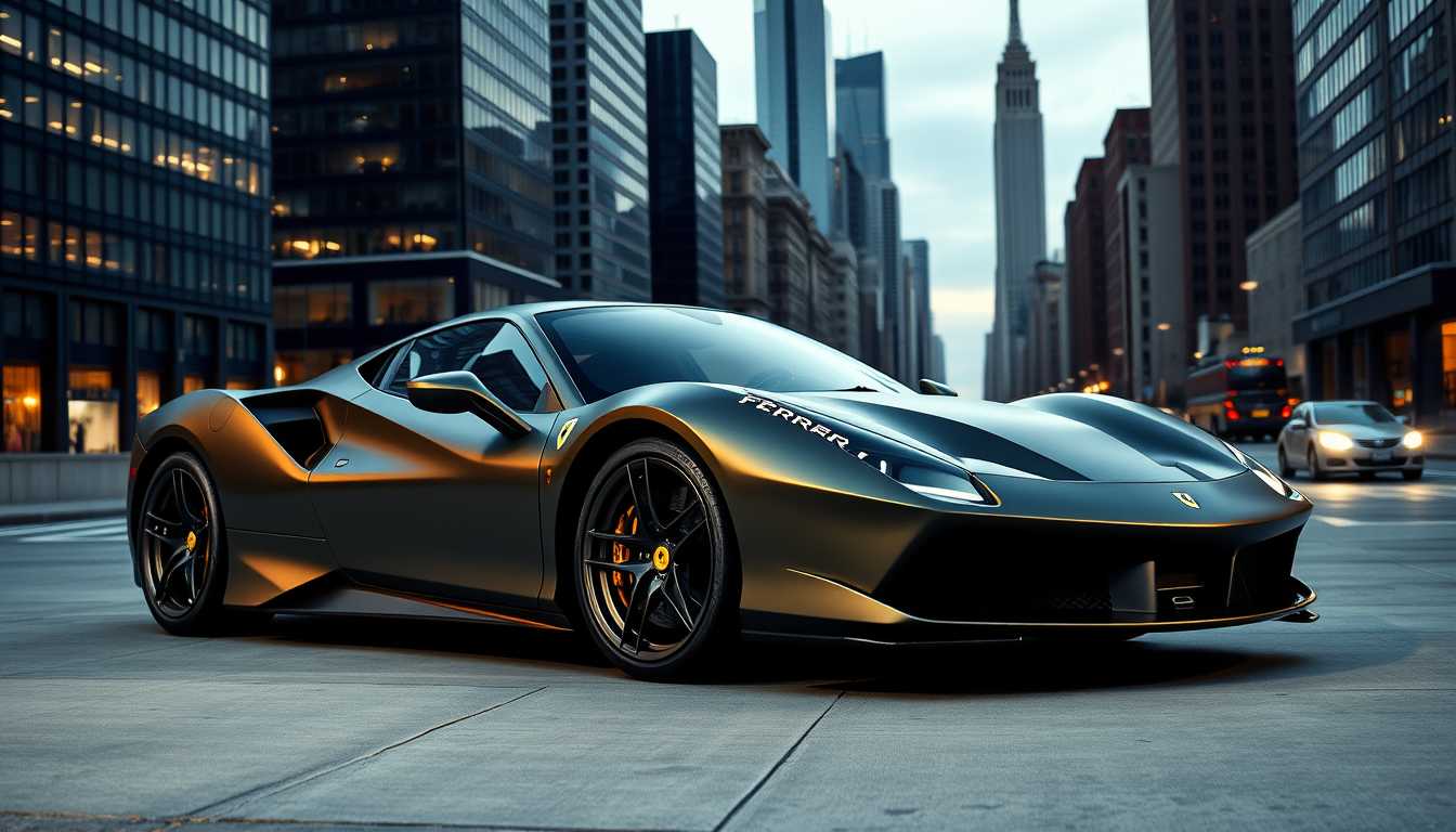 An ultra-modern, olive matte wrapped Ferrari parked in an urban setting. The car's sleek, aerodynamic curves and aggressive lines are highlighted by the matte finish, which gives it a luxurious yet stealthy appearance. The deep olive color contrasts sharply with the cityscape in the background, featuring towering skyscrapers and bustling streets. The photograph captures the Ferrari from a low, three-quarter angle to emphasize its powerful stance and intricate details of its design, such as the sharp headlights, polished rims, and the iconic Ferrari logo. The lighting is soft, with the ambient light of dusk casting long, dramatic shadows, creating a moody and sophisticated atmosphere. The overall feeling of the scene is one of elegance and power, capturing the essence of urban luxury and high-performance automotive design, captured using HDR technique to enhance every detail and texture of the vehicle and the environment.