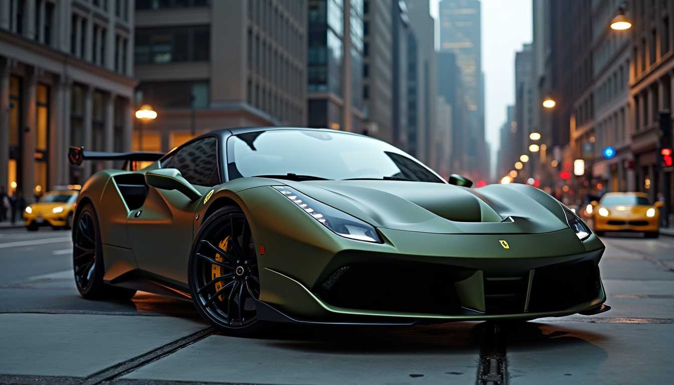An ultra-modern, olive matte wrapped Ferrari parked in an urban setting. The car's sleek, aerodynamic curves and aggressive lines are highlighted by the matte finish, which gives it a luxurious yet stealthy appearance. The deep olive color contrasts sharply with the cityscape in the background, featuring towering skyscrapers and bustling streets. The photograph captures the Ferrari from a low, three-quarter angle to emphasize its powerful stance and intricate details of its design, such as the sharp headlights, polished rims, and the iconic Ferrari logo. The lighting is soft, with the ambient light of dusk casting long, dramatic shadows, creating a moody and sophisticated atmosphere. The overall feeling of the scene is one of elegance and power, capturing the essence of urban luxury and high-performance automotive design, captured using HDR technique to enhance every detail and texture of the vehicle and the environment.