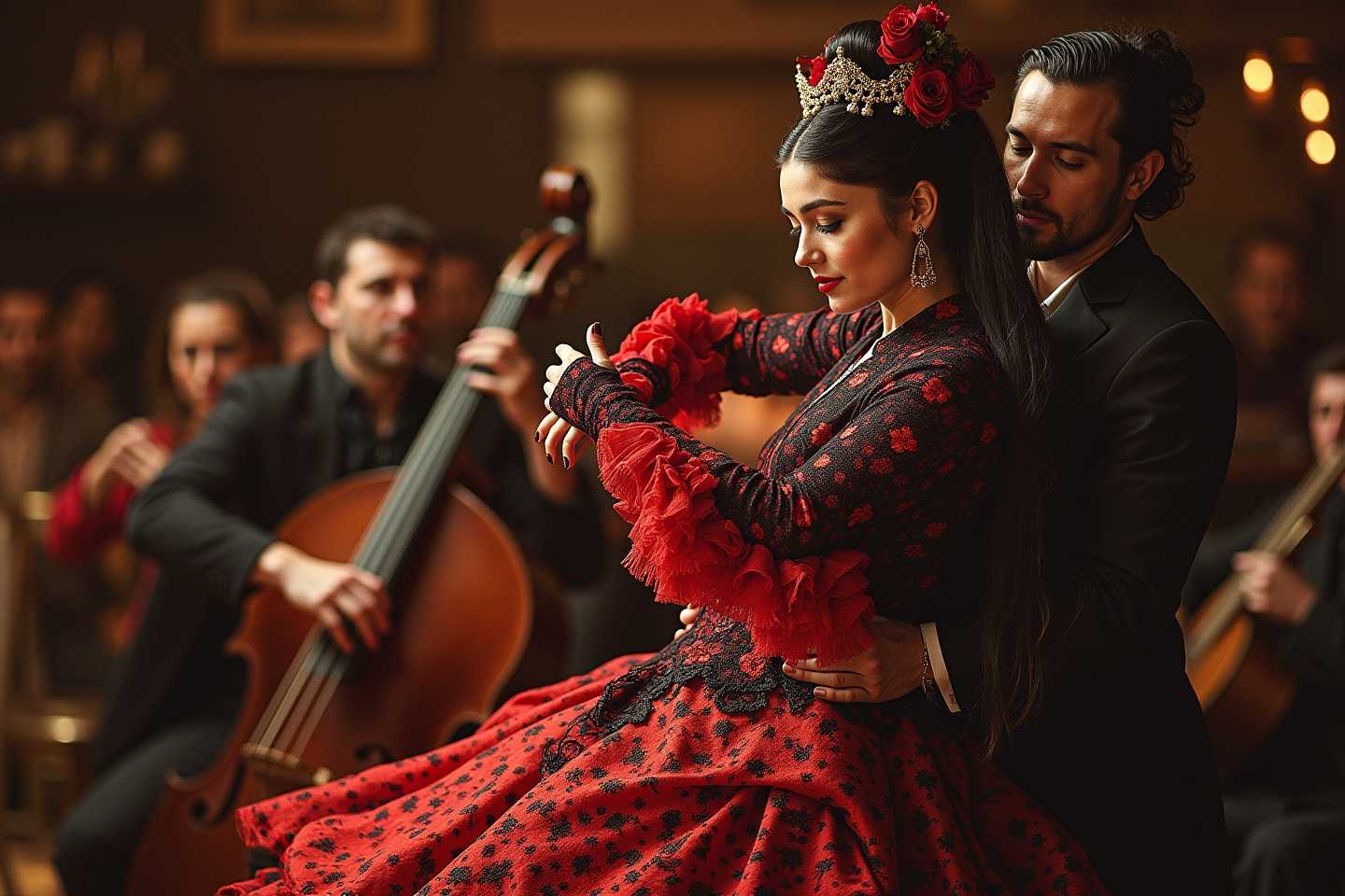 photorealistic cinematic RAW shot of spanish couple dancing flamenco in traditional outfit, intrinsic high details, detailed skin texture, skin pores, detailed eyes and iris texture, natural dance pose, in background spanish musicans in spanisch Flamenco bar, side light, dimmed light, 8k, high resolution, soft bokeh, film grain, Canon DSRL EOS R5
