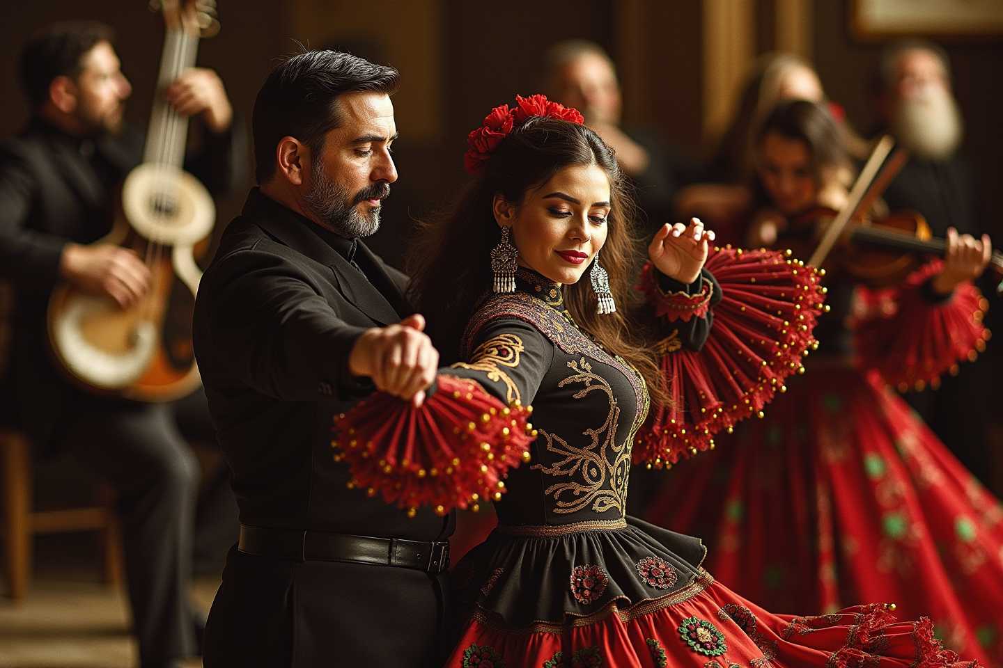photorealistic cinematic RAW shot of spanish couple dancing flamenco in traditional outfit, intrinsic high details, detailed skin texture, skin pores, detailed eyes and iris texture, natural dance pose, in background spanish musicans in spanisch Flamenco bar, side light, dimmed light, 8k, high resolution, soft bokeh, film grain, Canon DSRL EOS R5