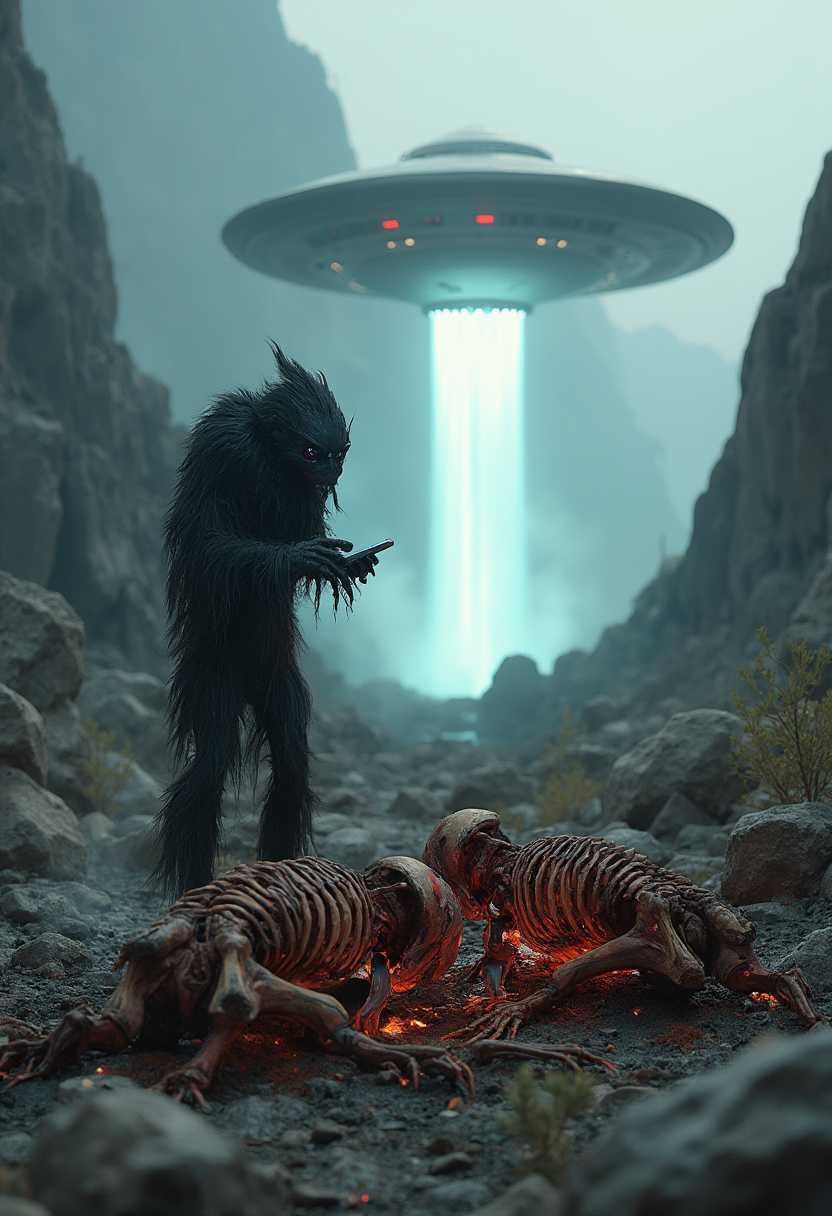 two skeletons lay on the ground, overlapping.  The skeletons are burnt, with parts still glowing red. Smoke is rising from the remains..   Standing over the skeletons is an alien creature, human sized, with big insect eyes and claws, with black fur.  The alien is holding a smartphone. The terrain is harsh, with jagged rocks and sparse vegetation stretching out into the distance. In the background, a sleek, metallic flying saucer is descending, casting a surreal light over the scene. Beams of bright, ethereal light emanate from the bottom of the ship, illuminating the surrounding rocks in a cold, otherworldly glow. 