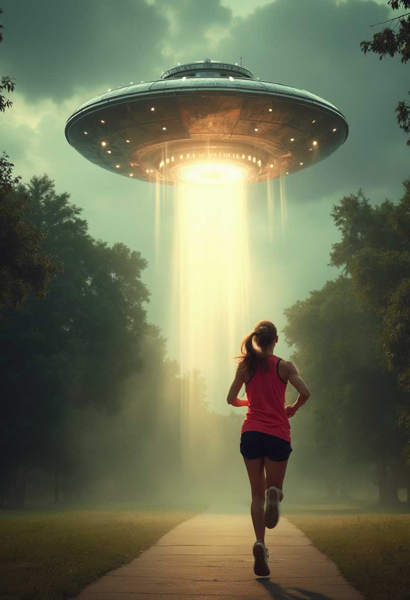 A dynamic scene capturing a 22-year-old woman jogger in the midst of her daily run. She wears a vibrant red top that contrasts with her sleek black shorts and well-worn running shoes. The moment is dramatic and intense as a gleaming, otherworldly flying saucer descends from the sky, its metallic surface reflecting the late afternoon sun. The flying saucer hovers above the ground with radiant beams of light, casting surreal shadows and illuminating the eerie atmosphere with a soft, otherworldly glow. The woman, positioned slightly to the left in the foreground, appears startled, caught mid-stride, looking up at the incoming saucer with a mix of terror and awe. The background features a tranquil suburban park setting, with verdant trees and a neatly paved trail, but the focus is sharply on the UFO and the woman. The overall mood is tense and surreal, blending elements of science fiction with everyday reality. This high-resolution image, captured from a low angle to emphasize the scale and power of the flying saucer, utilizes vivid colors and dramatic lighting to heighten the sense of imminent abduction.