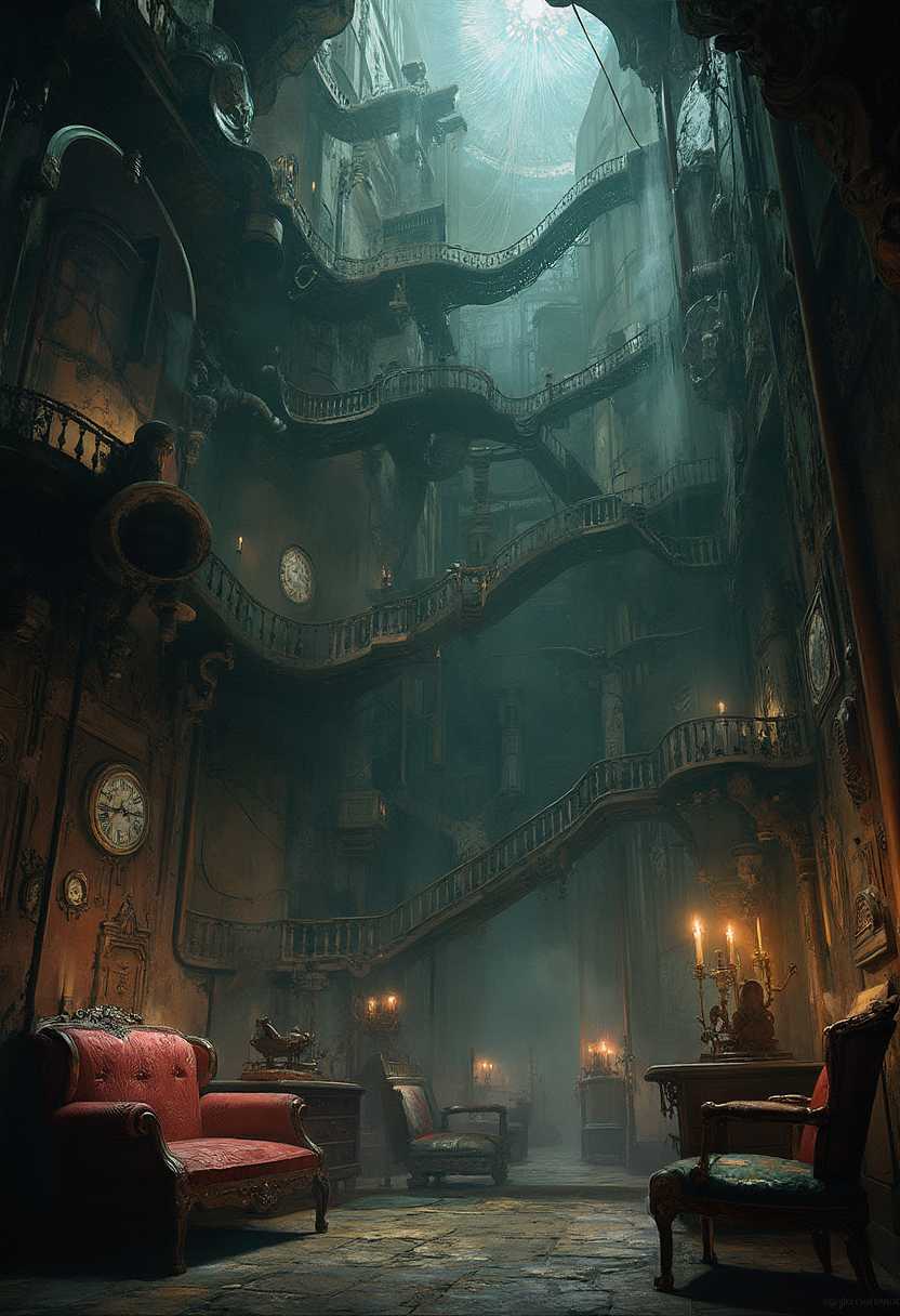Gothic Mansion Interior Ornate Furniture and Staircases in a Dark and Mysterious Atmosphere