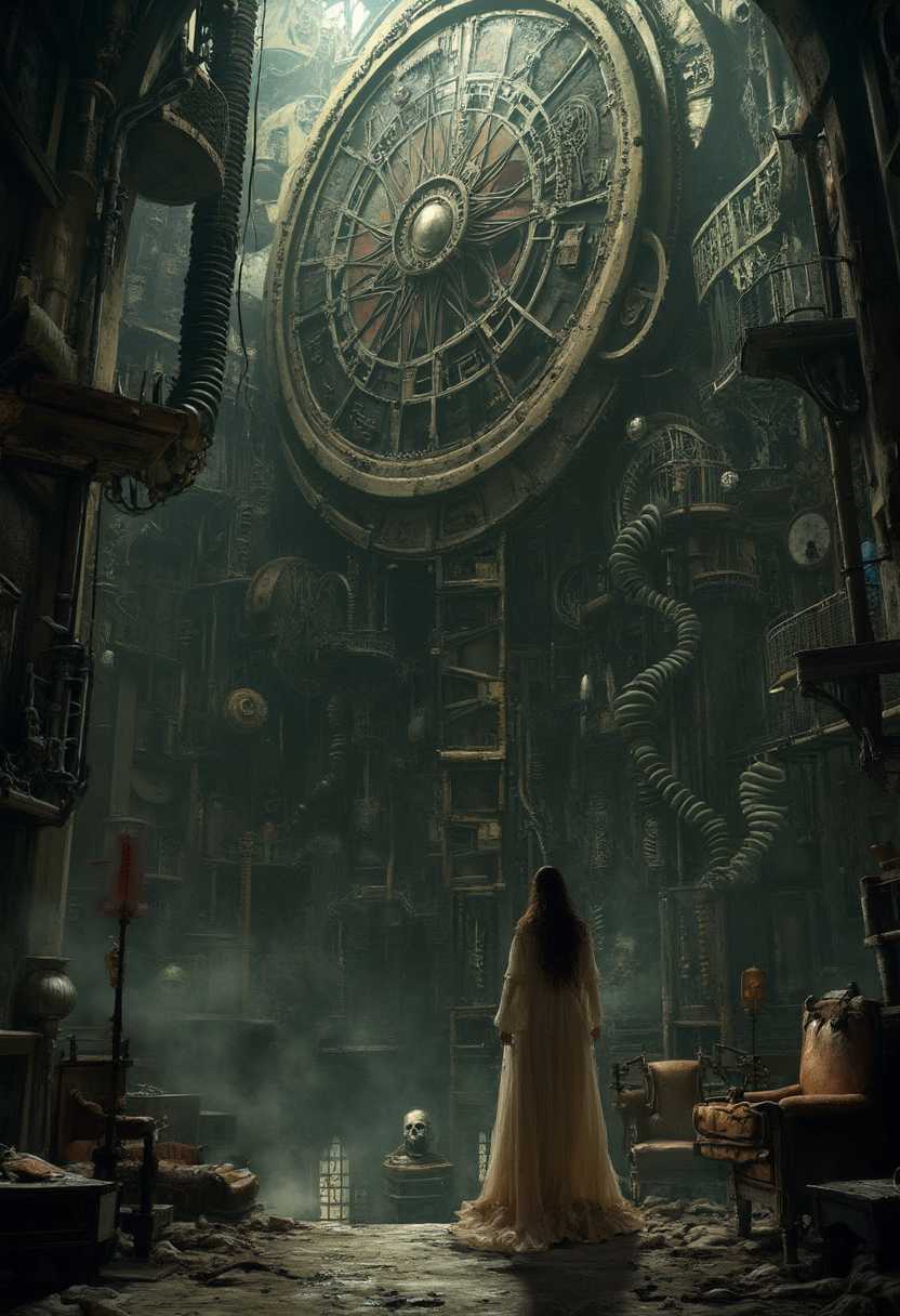 

horror style, backrooms level, Level 20.1 is a nightmarish dimension resembling a massive, intricate clockwork mechanism. Gigantic gears and cogs turn relentlessly, Endles winding catwalks and staircases connect the machinery, creating a labyrinthine structures BREAK, unsettling clockwork automatons that move with mechanical precision. Their hollow eyes track your every move, and their disjointed, metallic limbs make unsettling noises. The walls are adorned with eerie, ornate clocks that seem to tick at irregular intervals, BREAK, suffused with an eerie, perpetual twilight, casting long, eerie shadows across the intricate machinery., Within a decaying mansion's dimly lit parlor, a stunning girl in a tattered, lace-trimmed gown stood paralyzed. Cobwebs veiled ornate furniture, and whispered voices filled the air. Her once-vibrant beauty was marred by dirt-streaked cheeks and tear-filled eyes. Shadows danced ominously around her as she confronted the spectral inhabitants, trapped in a timeless nightmare of beauty tainted by dread., 