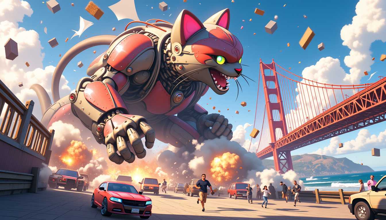 niji_flux, Semi-realistic illustration, in broad daylight, a colossal cat robot with adorable and exaggerated features attacks the Golden Gate Bridge. The scene is filled with vibrant energy and bright colors, capturing a comedic and funny tone. Cars are exploding and debris flies through the air, while the silhouette of people running in panic adds a sense of urgency. The beautiful, sparkling ocean serves as a dynamic backdrop, enhancing the chaotic atmosphere. The image should be a wide-angle, long distance shot, capturing the entire bridge and the surrounding area to illustrate the scale of the robot and the chaos it causes. The overall mood is playful yet intense, combining a sense of danger with a humorous twist, making the scene feel both epic and entertaining.