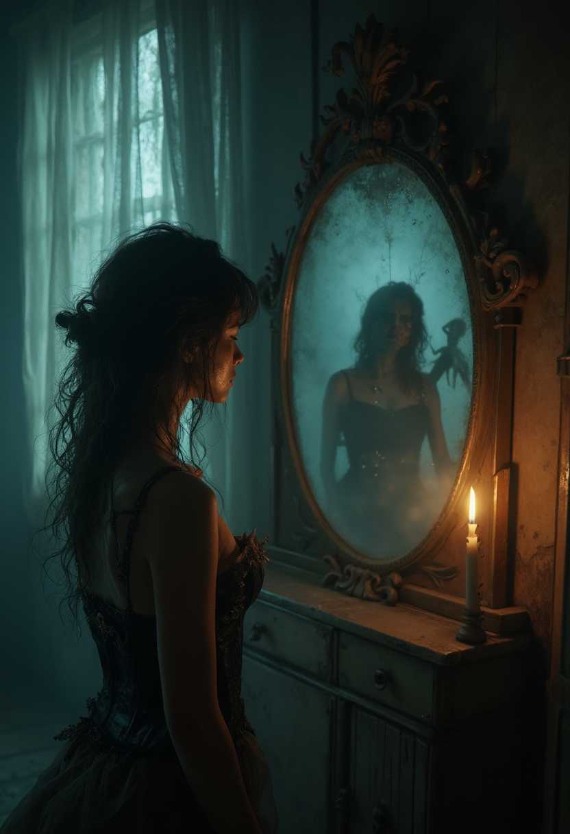 In the dim, cobweb-covered attic of a haunted Victorian manor, a beautiful girl clad in a tattered corset stumbles upon an antique mirror. The attic is filled with shadows and eerie, flickering light from a single candle, casting long, ominous shadows. Dust particles float through the air, visible in the weak, yellowish light. The girl's delicate features are contrasted by her distressed clothing, hinting at hardship and despair.

As she gazes into the tarnished glass of the antique mirror, her reflection distorts into a grotesque, sinister version of herself, covered in blood and holding a knife.  Behind the girl in the reflection a dark, sinister witch is visible. The mirror's surface is clouded, with cracks veining out like a spider's web. Dark whispers emanate from the glass, swirling around the room like a cold, malevolent breeze. The temperature in the attic plummets, and a sense of dread fills the air.

The composition focuses on the girl in the foreground, her expression a mix of horror and desperation, with the twisted reflection in the mirror just behind her. The camera angle is slightly lower, looking up to add to the dramatic tension and making the mirror seem more imposing. The room's ambiance is dark and chilling, with a muted color palette dominated by grays, deep blues, and black, punctuated by the