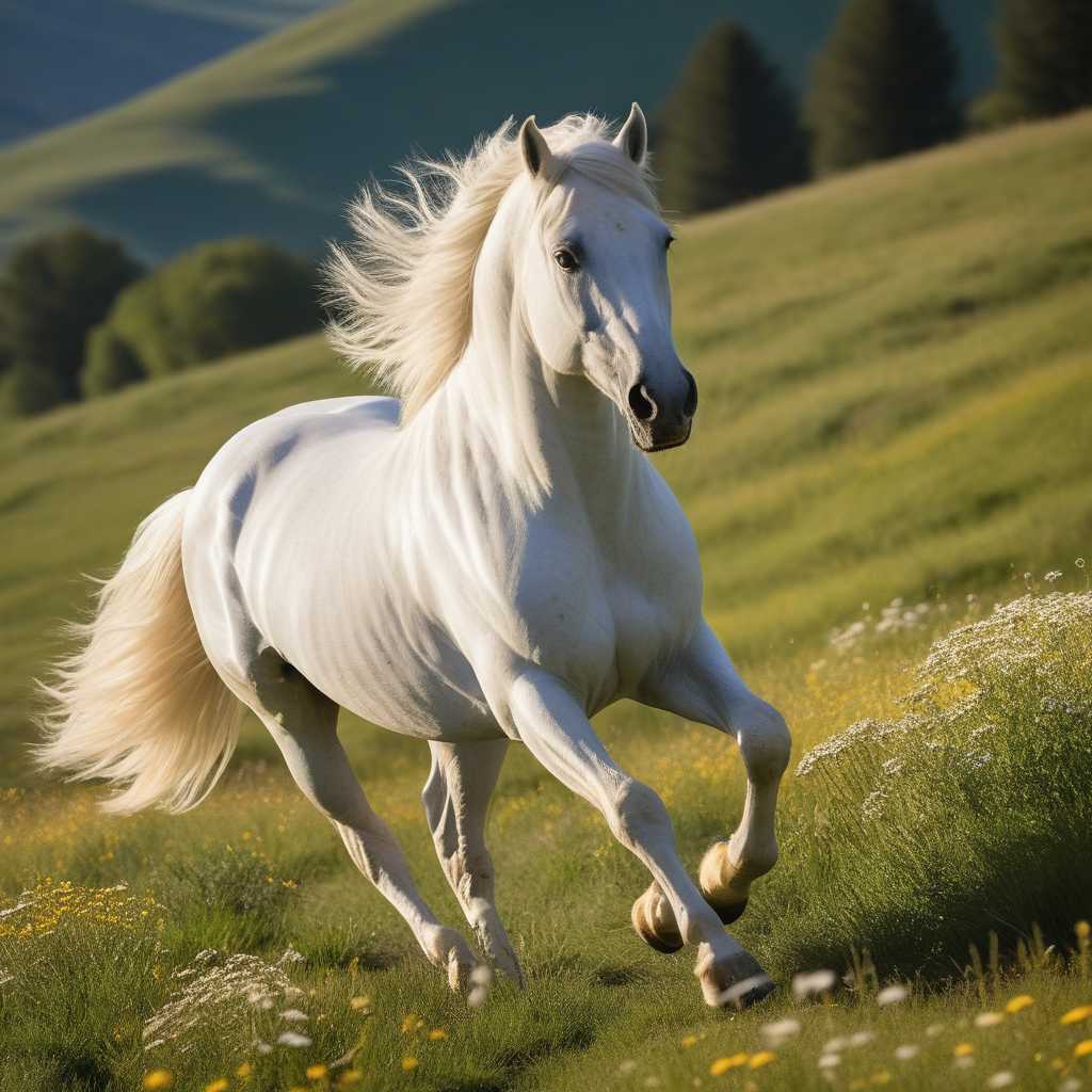 A majestic white stallion galloping in a lush green meadow, mane flowing in the wind, muscles rippling under glossy fur. The scene is bathed in the golden light of a late afternoon sun, casting long shadows and warm highlights. The background features rolling hills dotted with wildflowers, a crystal-clear stream reflecting the sky, and distant mountains. The atmosphere is serene and invigorating