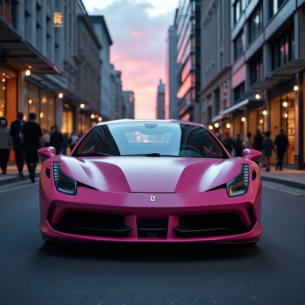 Striking Pink Ferrari at Dusk on a City Street