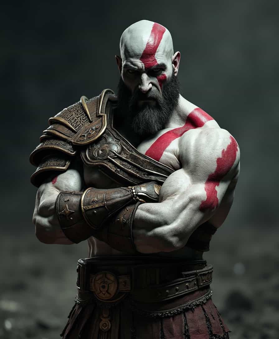 A hyper-realistic cinematic photograph of Kratos from God of War, standing firmly with his arms crossed. He is dressed in armor and depicted in all his battle-worn glory. The background is a dark and gritty battlefield with dramatic lighting, casting sharp shadows and highlighting his muscles and armor. photography, shadows, raw photo, detailed, realistic, photograph, cinema quality