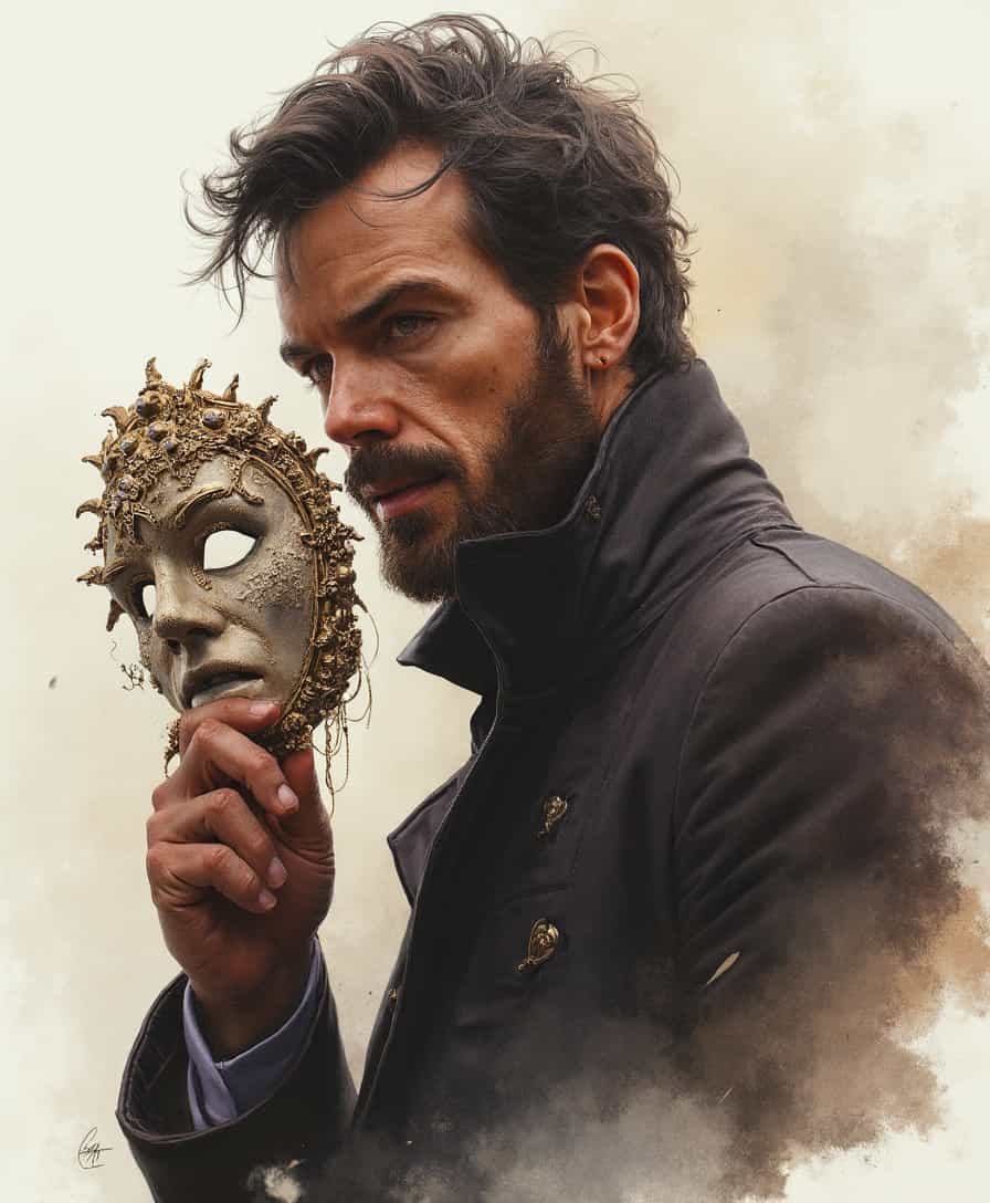 Cinematic style, 
A man with a love mask in hos hand, Watercolor, trending on artstation, sharp focus, studio photo, intricate details, highly detailed, by greg rutkowski, Watercolor, trending on artstation, sharp focus, studio photo, intricate details, highly detailed, by greg rutkowski