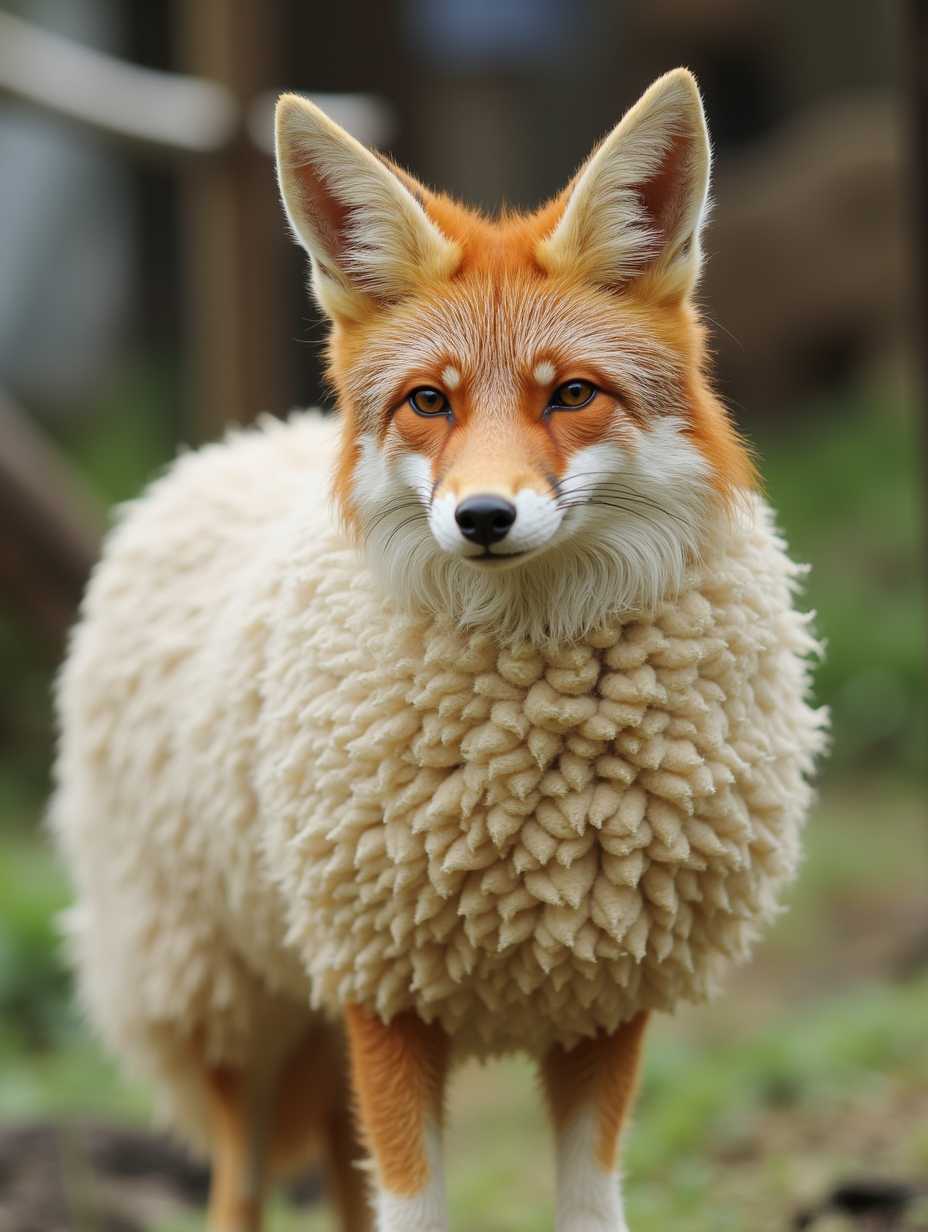 photorealistic shot of fox in sheep's clothing (NO anime, NO cartoon, NO 3D)
