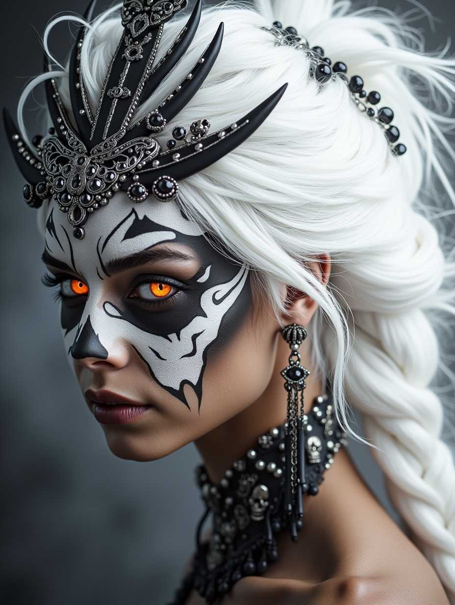 Enigmatic WhiteHaired Figure with Gothic Makeup and Jewelry