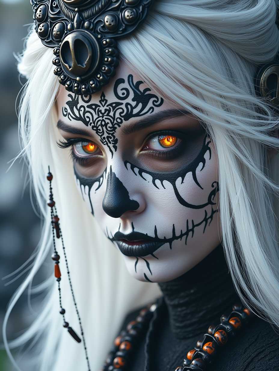 ArsMJStyle, dnddarkestfantasy, portrait of beautiful oriental female shaman, white hair with skull-themed hair ornaments, black and white face paint in a skull fashion, burning bright eyes. Perfect Composition, realistic photographic image, RAW photo highest quality, perfect directional lighting, highly detailed face, dark eye-shadow, high contrast, viewed from side