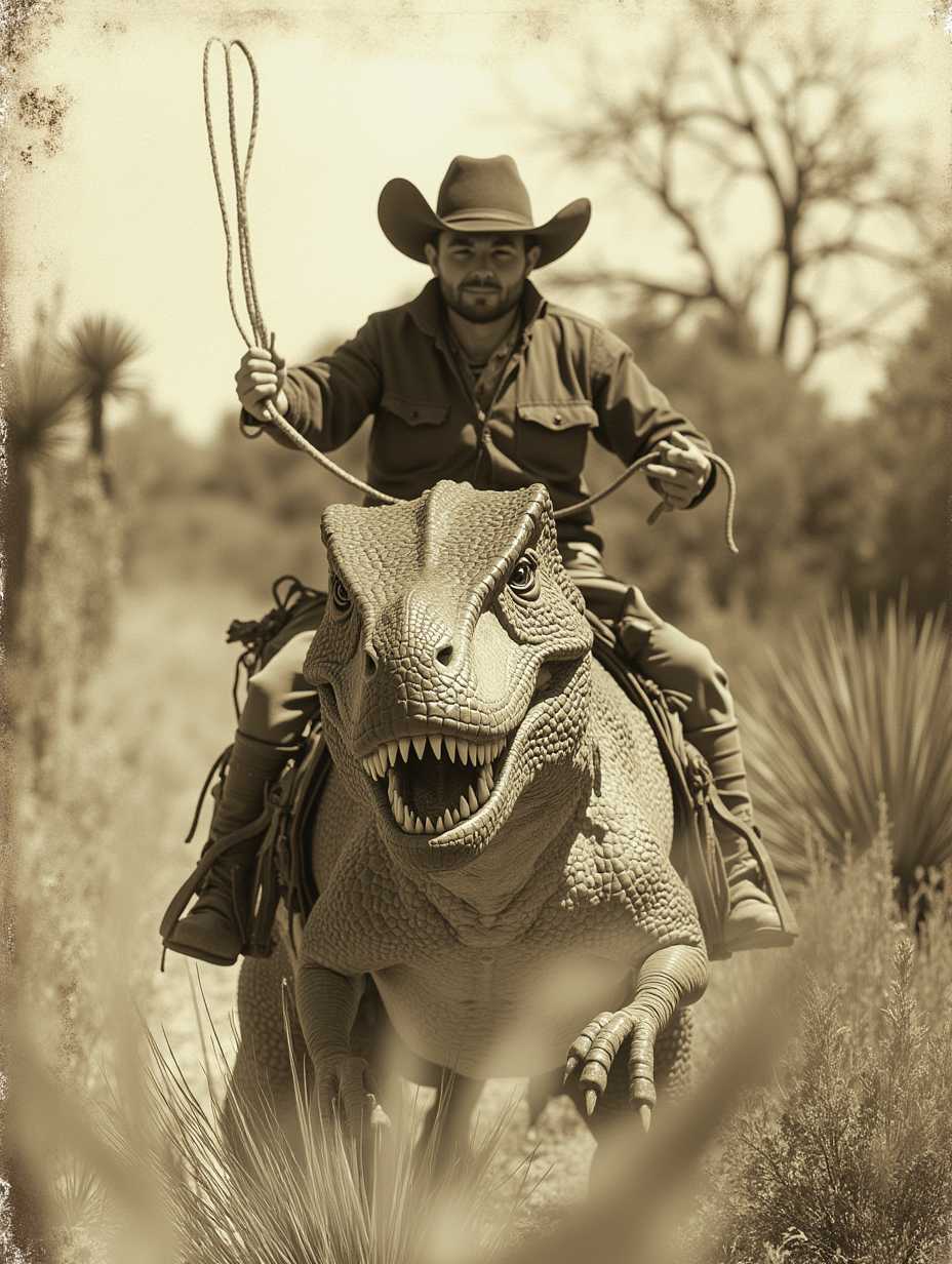 An aged worn sepia monochrome 1800s photograph of a cowboy riding a (t-rex):3 dinosaur, two short front legs that don't touch the ground