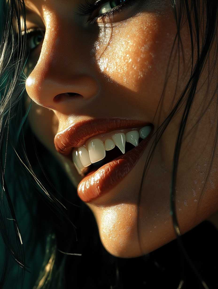 A mesmerizingly lifelike portrait of a vampire queen, her face framed in a close-up view. Sharp fangs glisten against her sensual and enchanting smile, highlighted by her exceptional beauty and allure. This image is a digital painting, bringing out every fine detail with ultra-realistic precision. Her radiant yet haunting eyes draw viewers in, while her seductive expression adds an element of mystique. The overall quality of the artwork is impeccable, showcasing the artist's skill in capturing the essence of this alluring vampire queen.  <lora:FluxF4ngs:1>