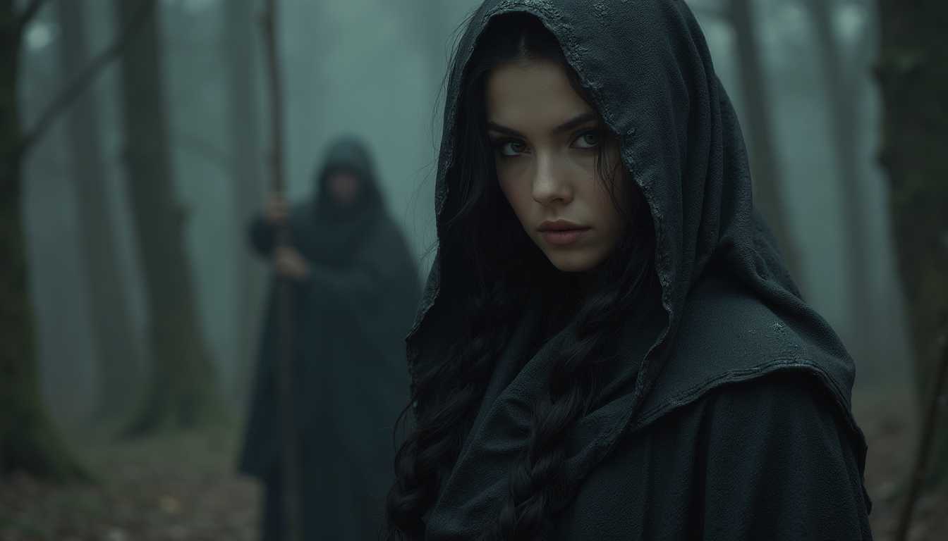  Dark Fantasy Art, a beautiful Latina with a long braid wearing a full robe, dark, moody, dark fantasy style