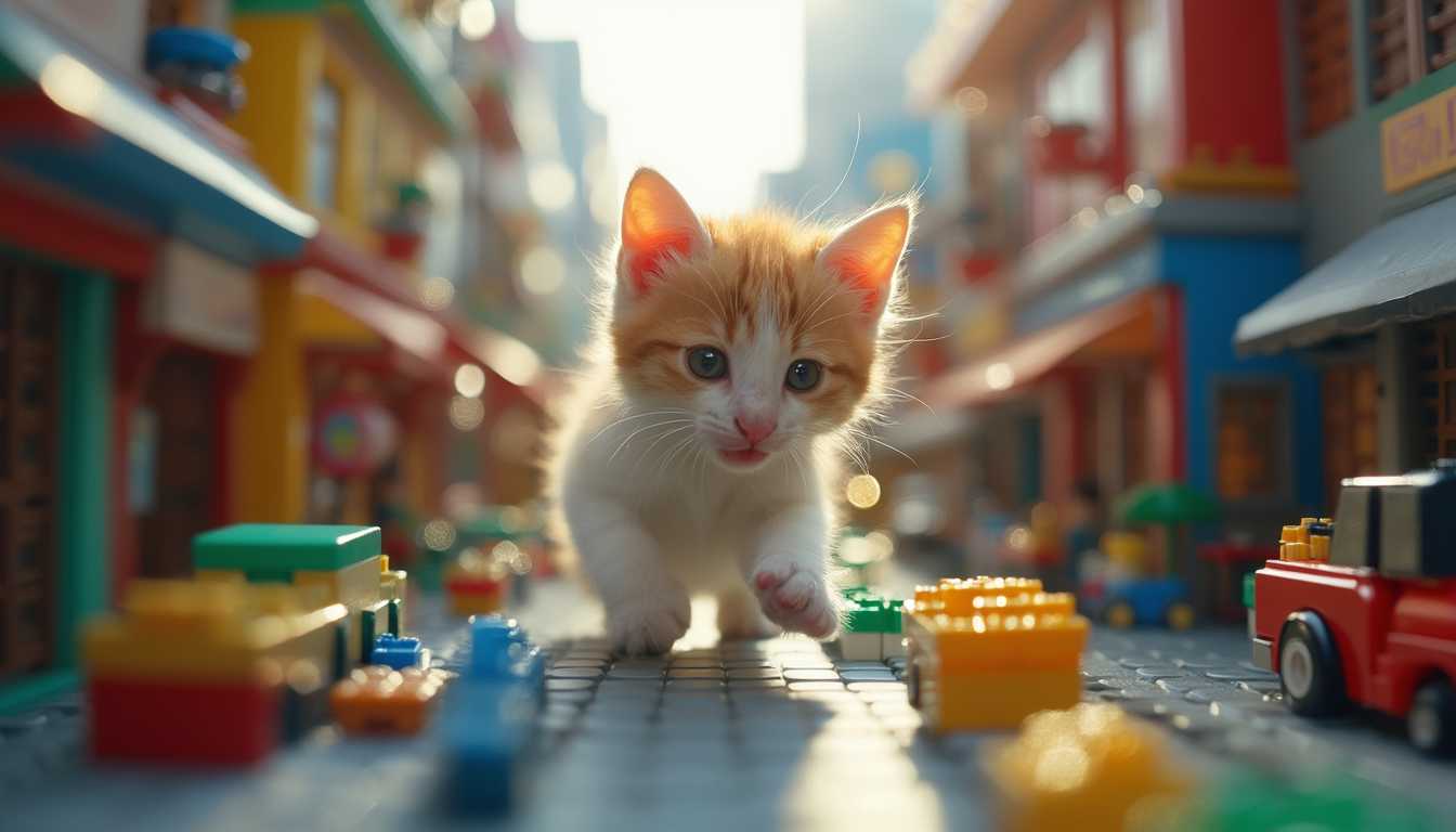 a kitten swiping down a Lego city, view from inside Lego city