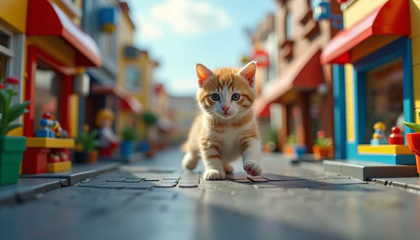 Adorable Orange Tabby Kitten Roams Through LEGO Cityscape