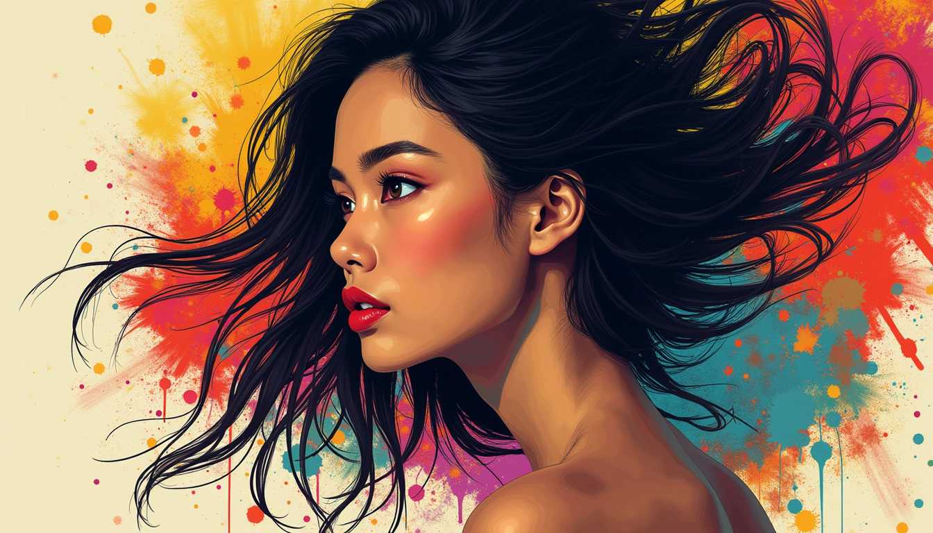 Side Profile, artistic digital illustration that features a gorgeous exotic Indonesian woman as the central figure. The art style is highly stylized and reminiscent of pop art, with a touch of surrealism. The medium appears to be digital painting, given the smooth blending of colors and the lack of texture that one might expect from traditional painting mediums. The woman is depicted with flowing, dark hair that seems to defy gravity and stretch outwards, almost like a burst of energy or a splash of paint. The hair is detailed with individual strands that are highlighted with strokes of color, giving it a sense of movement and volume. The womans facial features are rendered with a high degree of realism, with sharp, defined lines and a lifelike texture. Her eyes are wide and expressive, with a hint of golden brown, and her eyebrows are welldefined. The womans skin is painted with a gradient of colors, transitioning from a warm, golden tone on her neck and shoulders to cooler tones on her face and upper chest.
The background of the image is a canvas of abstract, colorful splashes and drips of paint in a variety of bright, saturated hues. These colors include red, orange, yellow, blue, and purple, among others, and they are applied in a spontaneous, seemingly random fashion. The colors bleed and blend into each other, creating a sense of chaos and energy that complements the womans hair. Overall, the image exudes a sense of creativity, vibrancy, and dynamism, with a strong emphasis on color and form. The interplay between the womans realistic features and the abstract, colorful background creates a striking contrast that draws the viewers attention and evokes a range of emotions.