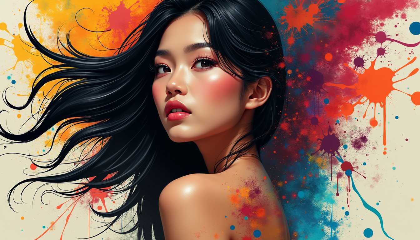 Side Profile, artistic digital illustration that features a gorgeous exotic Indonesian woman as the central figure. The art style is highly stylized and reminiscent of pop art, with a touch of surrealism. The medium appears to be digital painting, given the smooth blending of colors and the lack of texture that one might expect from traditional painting mediums. The woman is depicted with flowing, dark hair that seems to defy gravity and stretch outwards, almost like a burst of energy or a splash of paint. The hair is detailed with individual strands that are highlighted with strokes of color, giving it a sense of movement and volume. The womans facial features are rendered with a high degree of realism, with sharp, defined lines and a lifelike texture. Her eyes are wide and expressive, with a hint of golden brown, and her eyebrows are welldefined. The womans skin is painted with a gradient of colors, transitioning from a warm, golden tone on her neck and shoulders to cooler tones on her face and upper chest.
The background of the image is a canvas of abstract, colorful splashes and drips of paint in a variety of bright, saturated hues. These colors include red, orange, yellow, blue, and purple, among others, and they are applied in a spontaneous, seemingly random fashion. The colors bleed and blend into each other, creating a sense of chaos and energy that complements the womans hair. Overall, the image exudes a sense of creativity, vibrancy, and dynamism, with a strong emphasis on color and form. The interplay between the womans realistic features and the abstract, colorful background creates a striking contrast that draws the viewers attention and evokes a range of emotions.