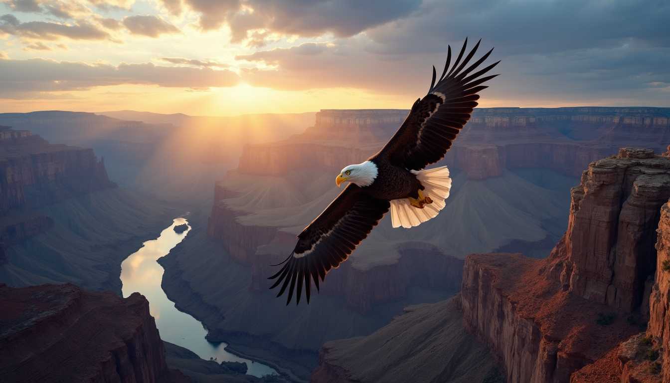 A majestic American bald eagle soars high above the Grand Canyon, its wings fully spread as it catches the warm updrafts. The eagle's feathers are detailed, with the white head and tail contrasting sharply against the deep blues and purples of the canyon below. The landscape stretches out in a vast, rugged expanse, with the Colorado River winding through the depths. The sun is setting in the background, casting a golden hue across the scene. Sunlight rays break through the clouds, adding a dramatic and uplifting atmosphere, emphasizing the eagle's powerful form. The perspective is wide-angle, tilted slightly, as if the viewer is soaring alongside the eagle, capturing the sense of height and grandeur.