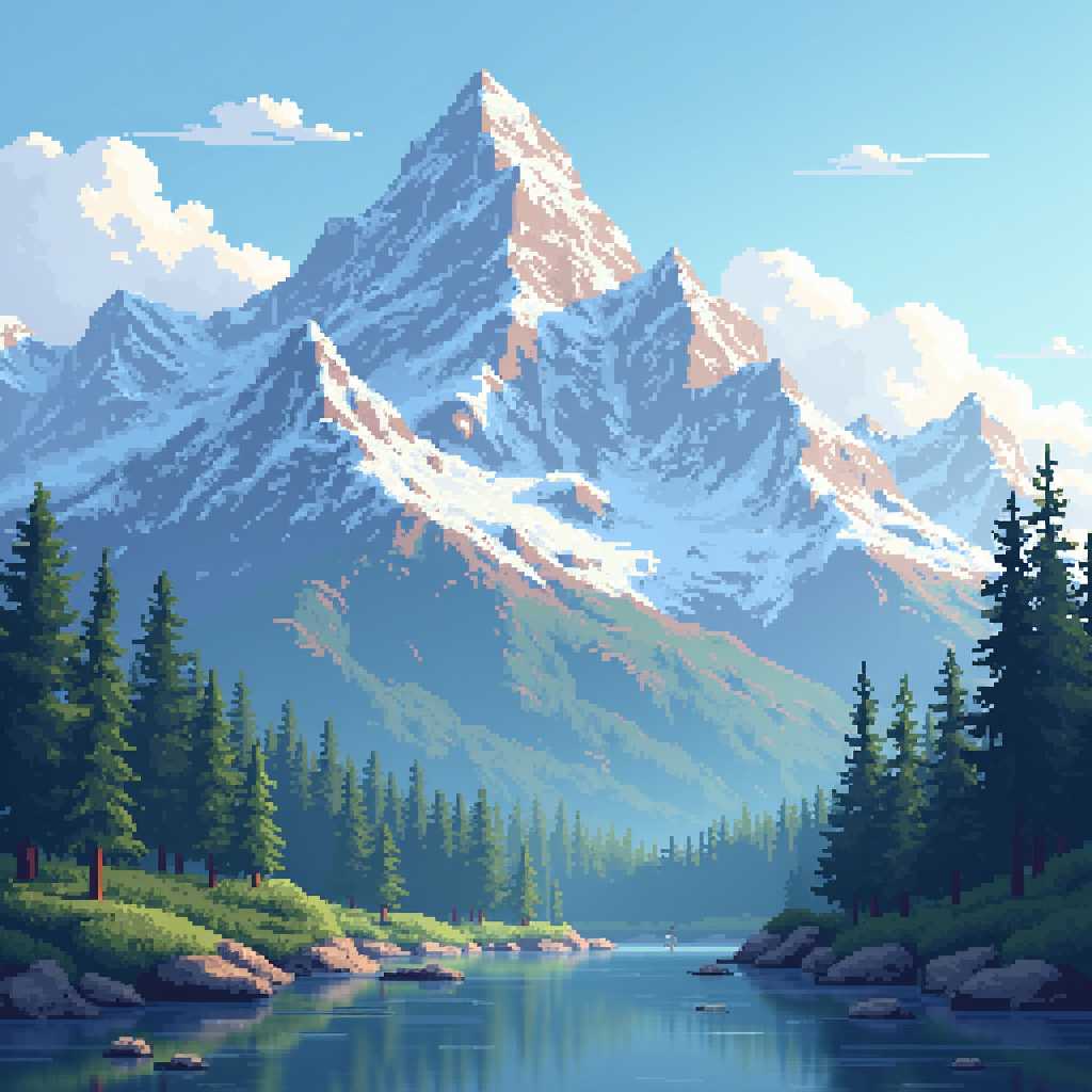 pixel art scene of a peaceful landscape in front of huge snowy mountains