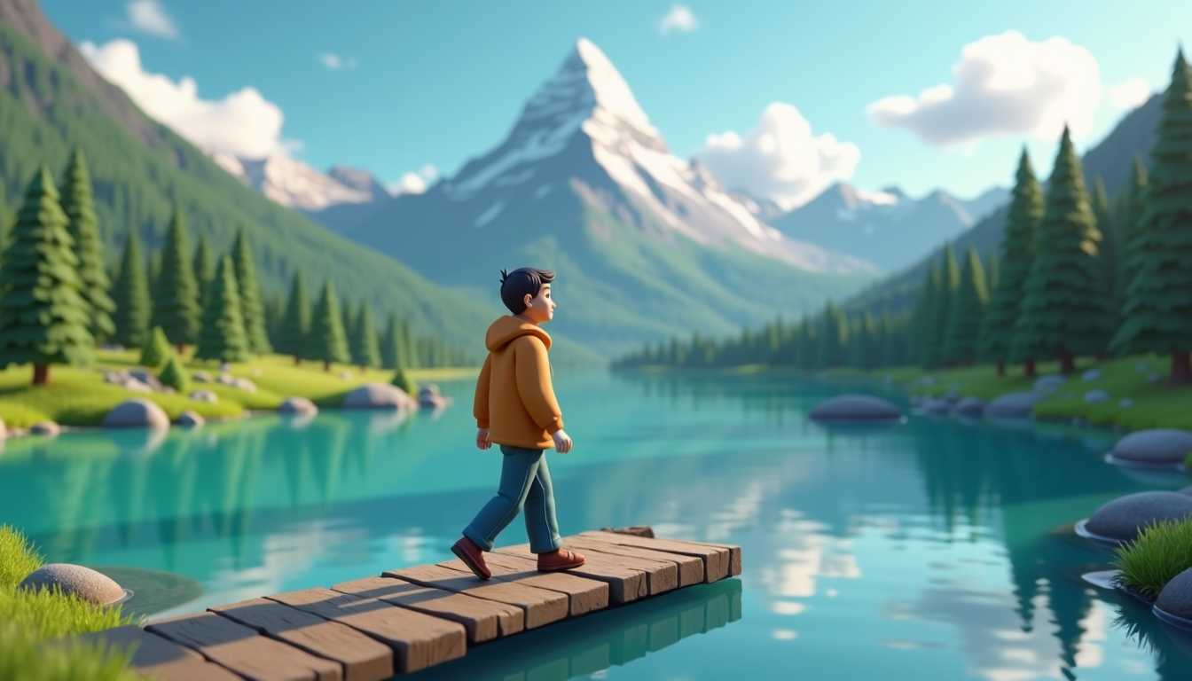 claymation, A guy is walking around a lake, a beautiful mountain as the background