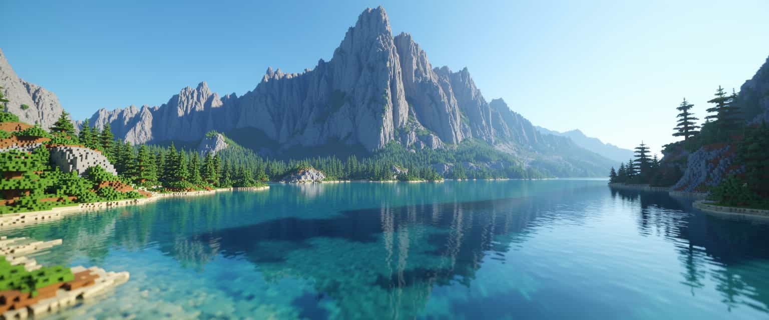 Voxel art style, a stunning lake nestled before a majestic, towering mountain, pixel-perfect in its detail. The lake’s waters shimmer with a delicate blend of azure and cerulean hues, reflecting the mountain's grandeur and the clear blue sky above. The massive mountain features intricately designed voxel cliff faces, with varying shades of grey and brown representing rocky textures, and patches of verdant green indicating lush vegetation cascading down its slopes. Tiny voxel trees line the lake's edge, adding a touch of vibrant green that contrasts beautifully with the serene water. The scene is framed with a soft, ambient light of early morning, casting gentle shadows and giving the entire landscape a peaceful, almost magical atmosphere. The perspective is slightly elevated, capturing the expansive beauty of the lake and mountain while ensuring the voxel details remain sharp and captivating.