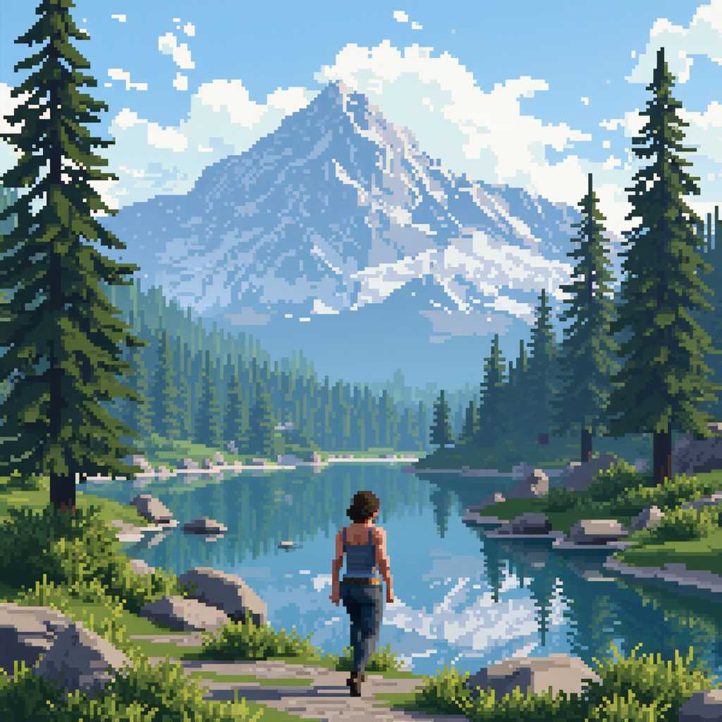 pixel scene of Kate walking around a lake, a beautiful mountain as the background