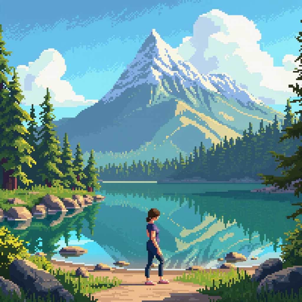 a photo of Kate, , pixel, Pixel art scene depicting Kate walking around a serene lake, surrounded by lush, verdant foliage and a breathtaking mountain rising majestically in the background. Kate is positioned in the foreground, taking a leisurely stroll along the lakeshore. The lake's water shimmers with hues of sapphire and turquoise, reflecting the clear blue sky dotted with fluffy, white clouds. The mountain, cloaked in shades of green and brown with snow-capped peaks, looms in the background, creating a stunning contrast against the sky. The overall composition is in an isometric perspective, capturing the depth and dimensions of the landscape. Soft, golden sunlight bathes the scenery, casting gentle shadows and adding warmth to the scene. The mood is peaceful and idyllic, evoking a calm, slightly nostalgic atmosphere. The pixel art style should emphasize crisp, clean lines and vibrant colors, creating a charming, timeless scene.