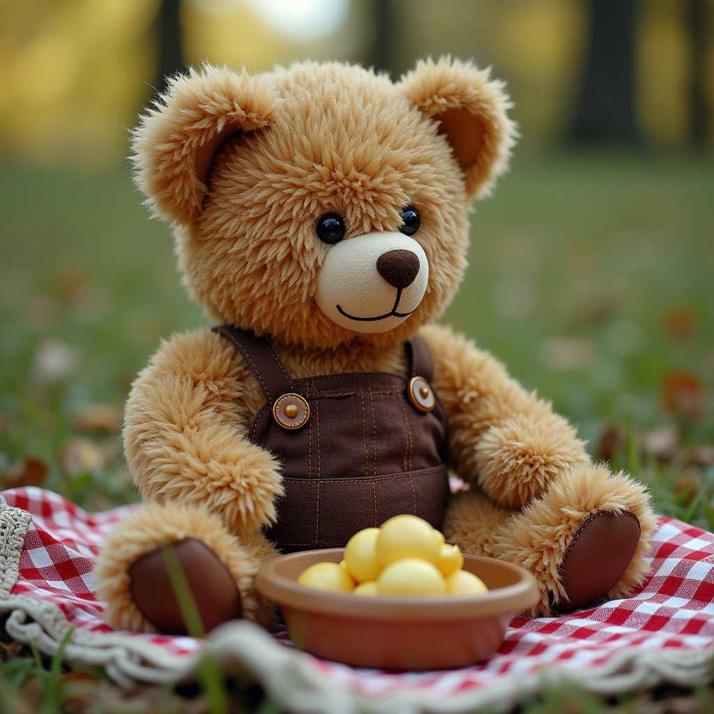 Adorable Teddy Bear Sitting on Blanket with Bowl of Fruit