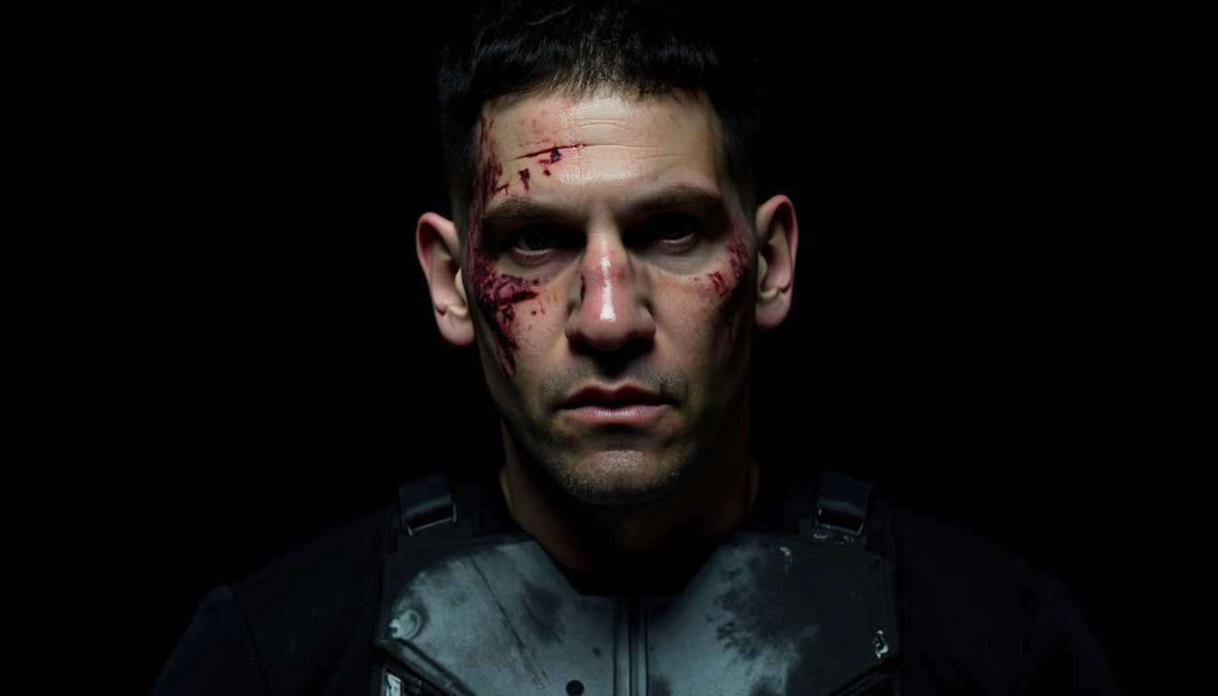 PNSH, "In the style of gritty, cinematic realism, portray the Punisher from the Netflix series. His face is battered and bruised, with cuts and swelling clearly visible. Use a dramatic, low-key lighting to highlight the contours and injuries on his face, casting deep shadows for an intense, somber mood. The background should be dark and minimalist, focusing attention on the Punisher's tormented expression. Capture him in a close-up shot, with a slightly low camera angle to emphasize his resilience and strength despite the pain. The color palette should be composed of dark, muted tones with touches of red to accentuate the blood and bruises. The overall atmosphere should be tense and raw, conveying a sense of relentless determination and inner turmoil."