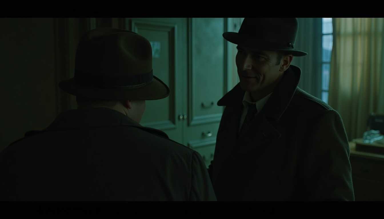 Two men in fedoras having a serious conversation in a dimly lit room
