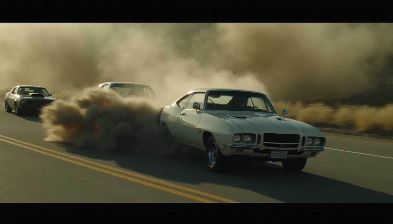 in the style of DRK cinema,, a movie that features a car in a chase