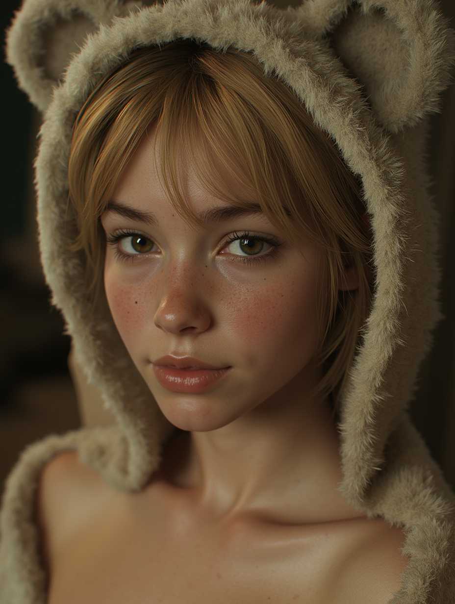 Photo, (8k, best quality, masterpiece: 1.2), (realistic, photorealistic: 1.37), ultra-detailed, intricate details, BREAK, (dynamic angle of view), medium shot, BREAK, 1 girl, (18 years old | straw blonde | solo , (cute:1), golden brown skin, wearing (fluffy teddy bear onesie), cleavage, small breasts, school basement boiler room, dark, night, candles, ash falling from above, soothing tones, low contrast, soft cinematic lighting and colors, rim light , muted colors, (nsfw:1.2),
