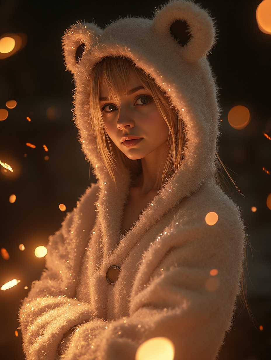 Enchanting Young Woman in a Sparkling Bear Hoodie