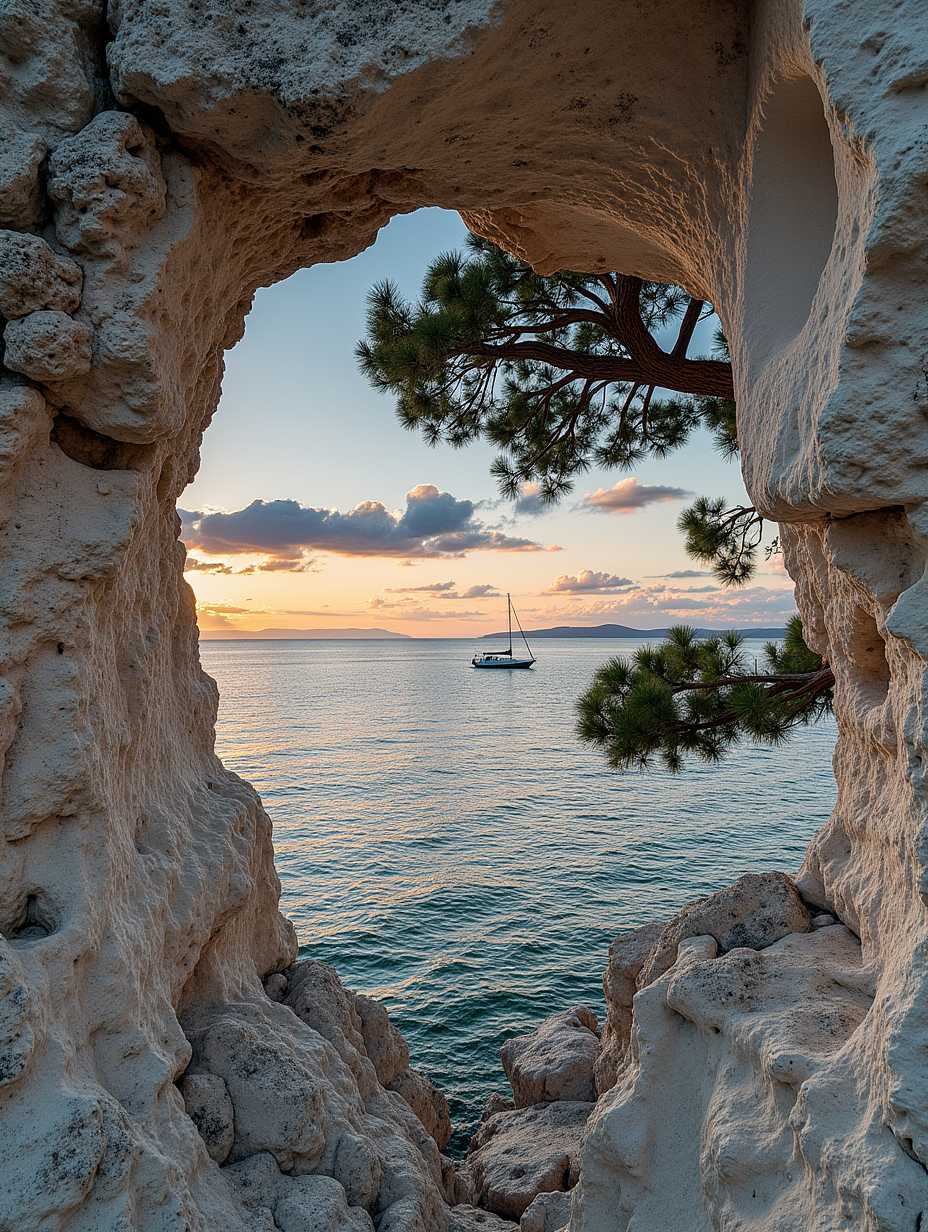 Photo, (8k, best quality, masterpiece: 1.2), (realistic, photorealistic: 1.37), ultra-detailed, intricate details, photograph, landscape of a Mythical Grotto from inside of a Harare, at Twilight, Depressing, Cloudpunk, Cold Lighting, dynamic, Nikon d850, Depth of field 270mm, Amaro, Golden ratio
