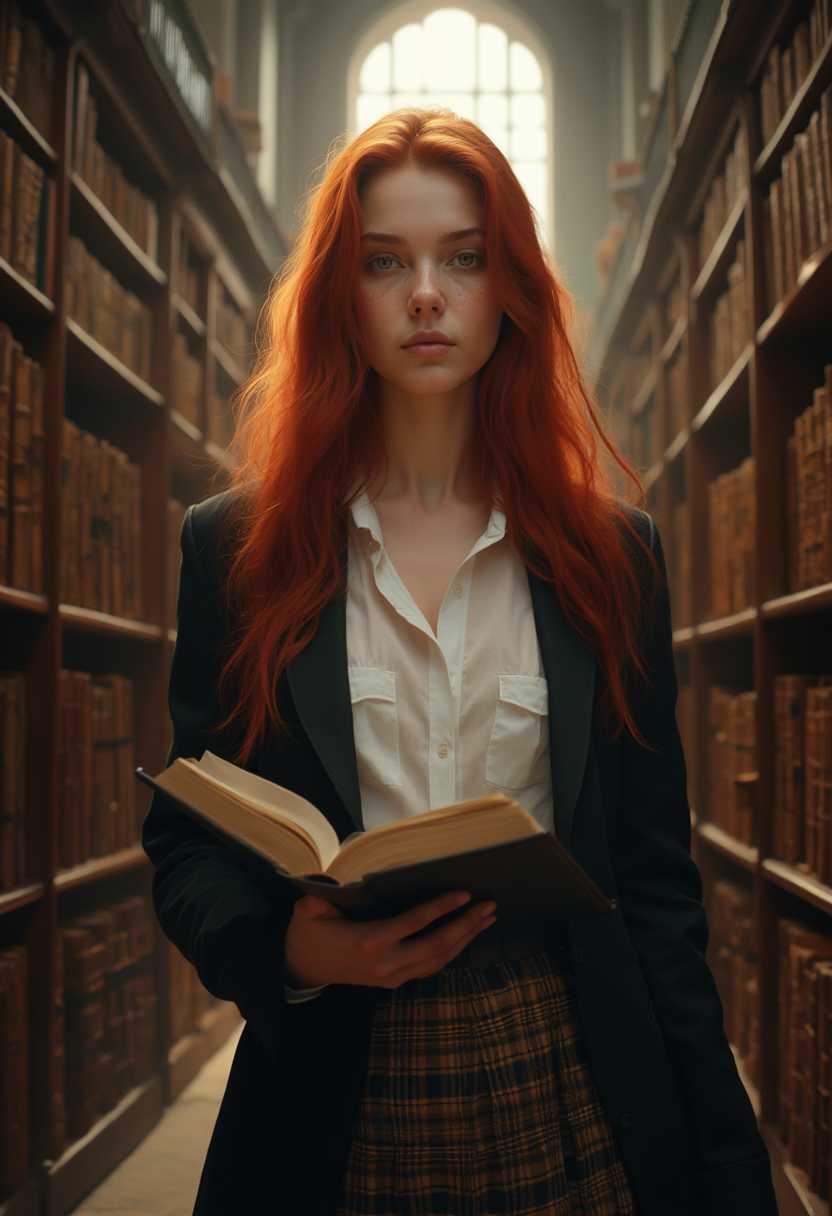 A beautiful, tall, 22-year-old woman stands in a grand, dimly-lit library with towering wooden bookshelves filled with antiquarian books. She has long, flowing red hair, a pale complexion, freckles, and wears a pristine white shirt, open at the collar, beneath a sleek black jacket. Her plaid pleated skirt adds a touch of youthful charm. She is positioned near the center of the frame with rows of leather-bound volumes extending into the background. The light is warm and faintly golden, streaming through high, arched windows, gently illuminating the dust motes in the air. The ambiance is scholarly yet relaxed. She is holding a book of ancient wisdom, her expression focused yet casual, reflecting an effortless sophistication. The overall scene resembles a moment captured by a skilled photographer, emphasizing detail and atmospheric depth.