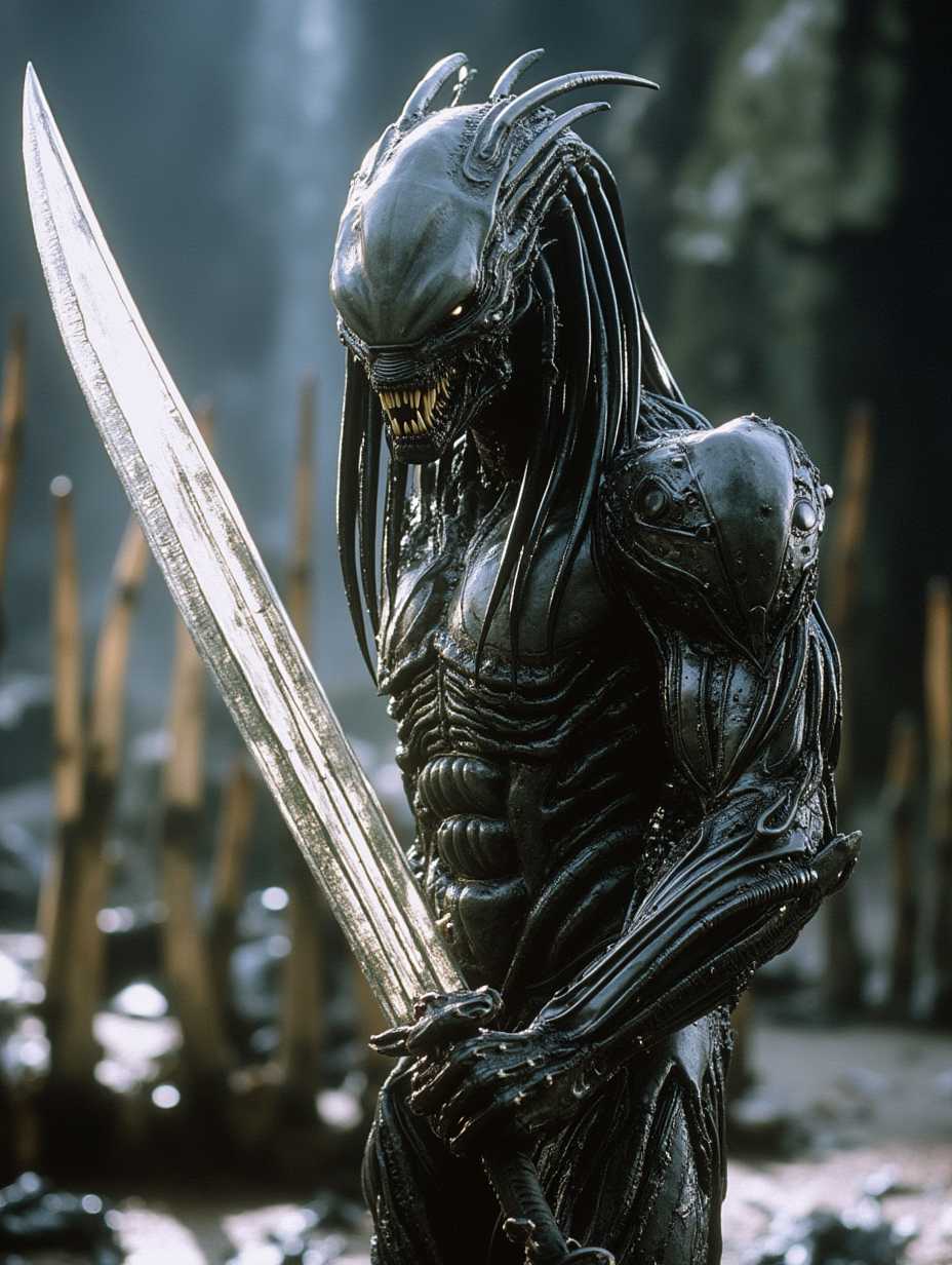 Photo, (8k, best quality, masterpiece: 1.2), (realistic, photorealistic: 1.37), ultra-detailed, intricate details, An alien predator with shiny metal skin holding a large jagged blade growling at the camera saliva dripping from face, background dead bodies on spikes